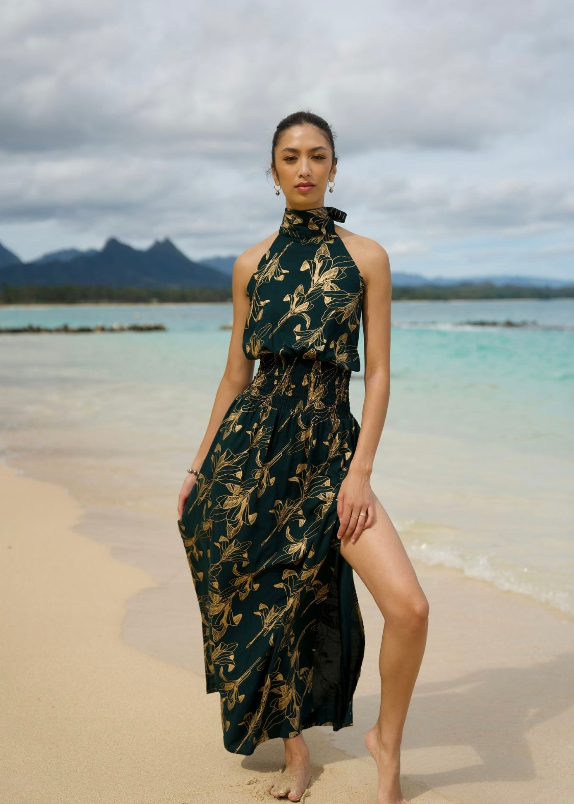 Women's High Neck Maxi Dress in Emerald Gold Ti Leaf - Front View | Kahulaleʻa
