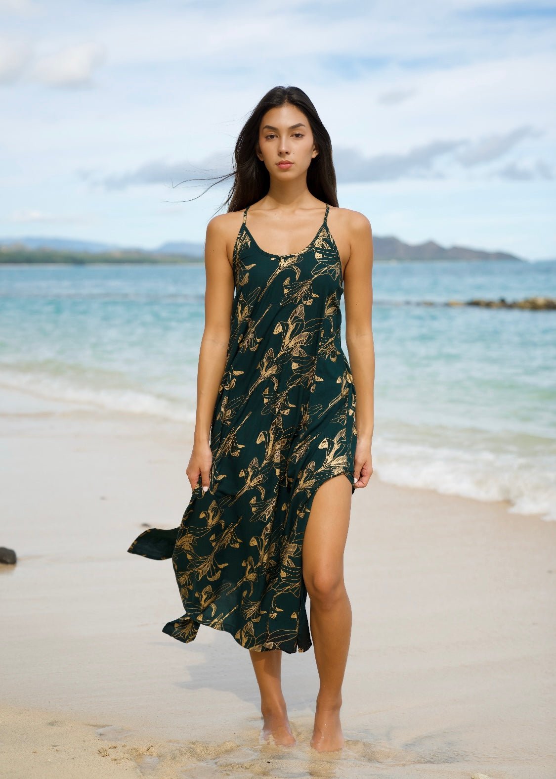 Women's Kuuipo Maxi Dress in Gold Ti Leaf & Emerald - Front View | Kahulaleʻa