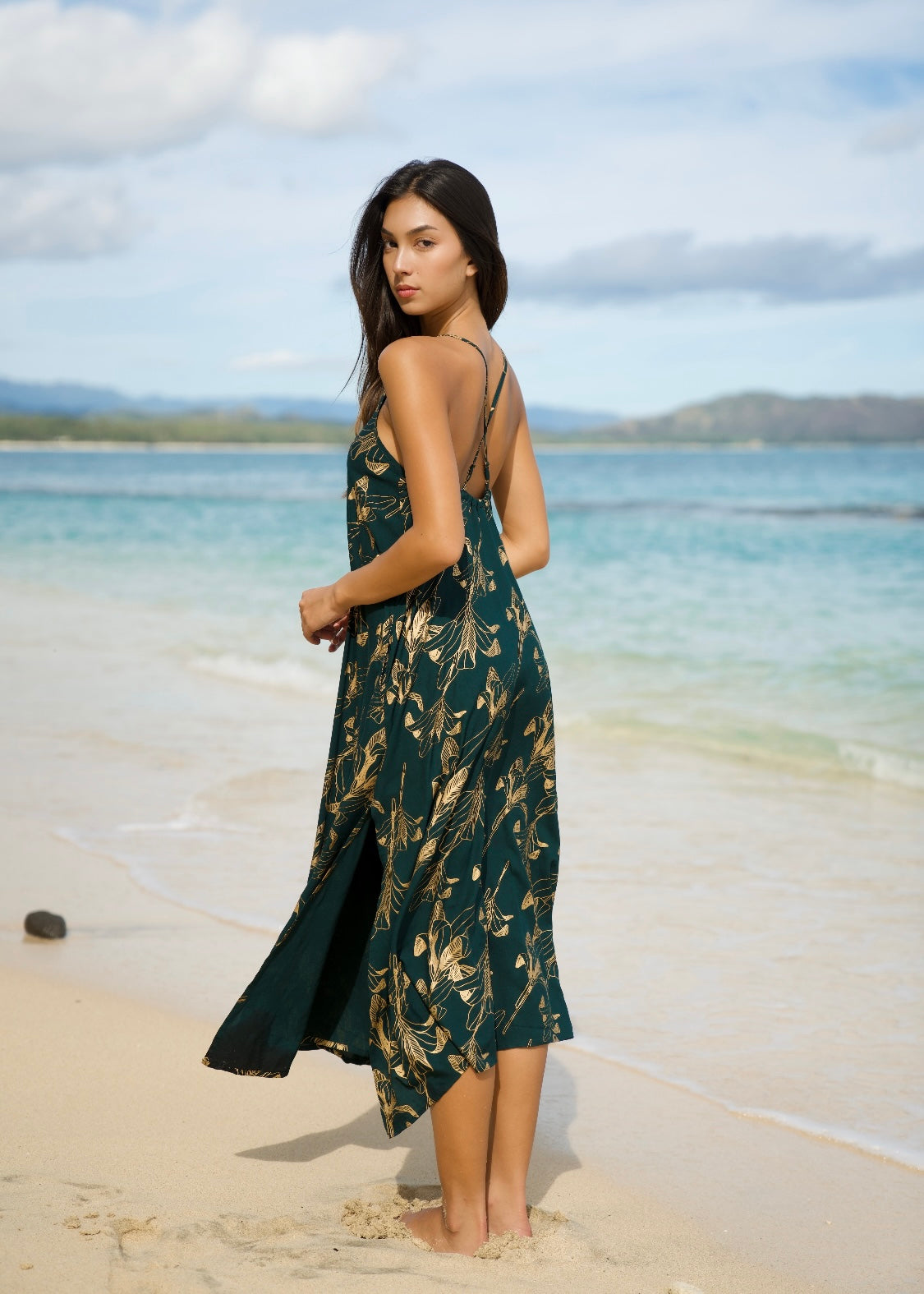 Women's Kuuipo Maxi Dress in Gold Ti Leaf & Emerald - Side View | Kahulaleʻa