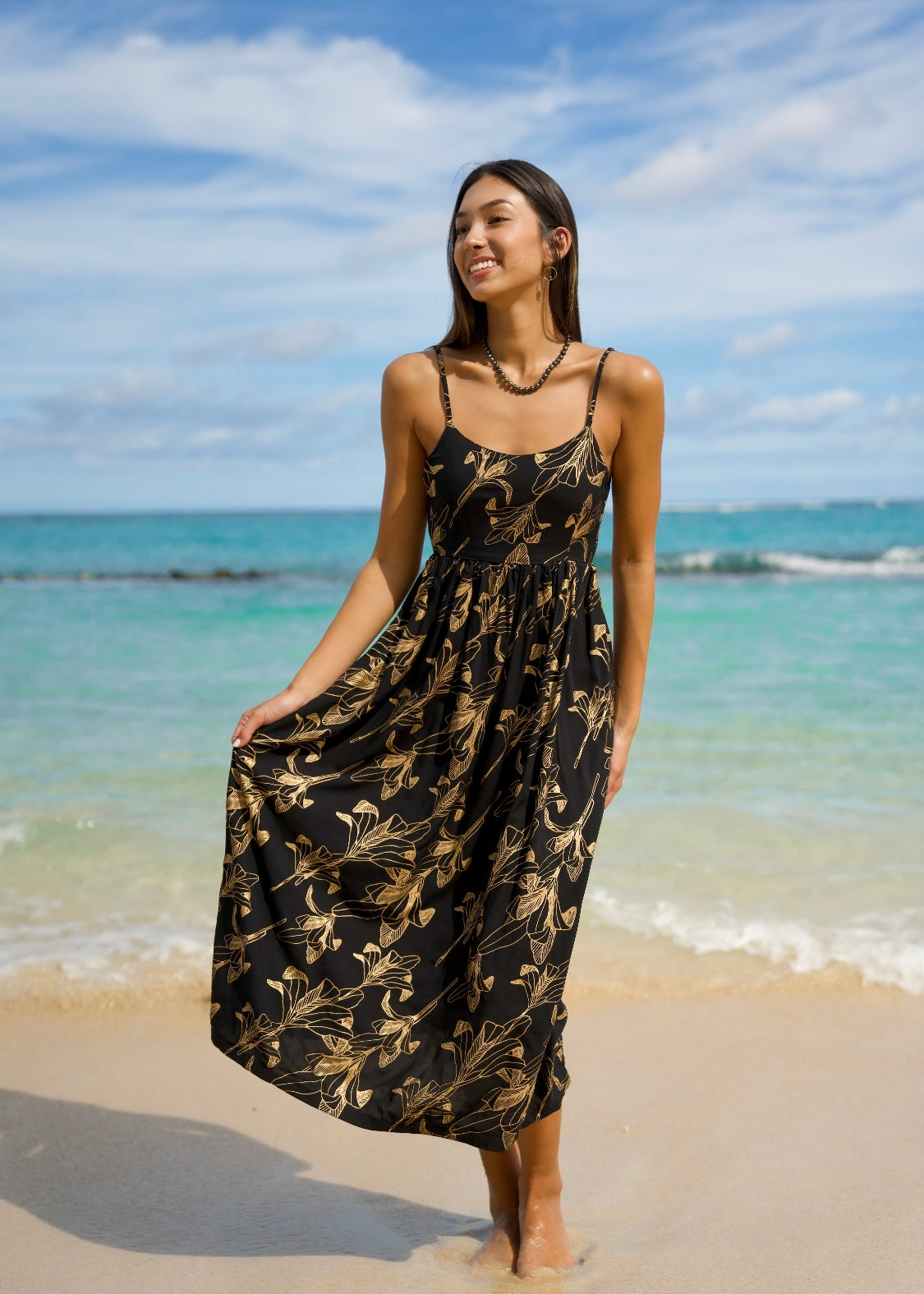 Women's Dress Kale’a in Gold Ti Leaf & Black - Front View | Kahulaleʻa