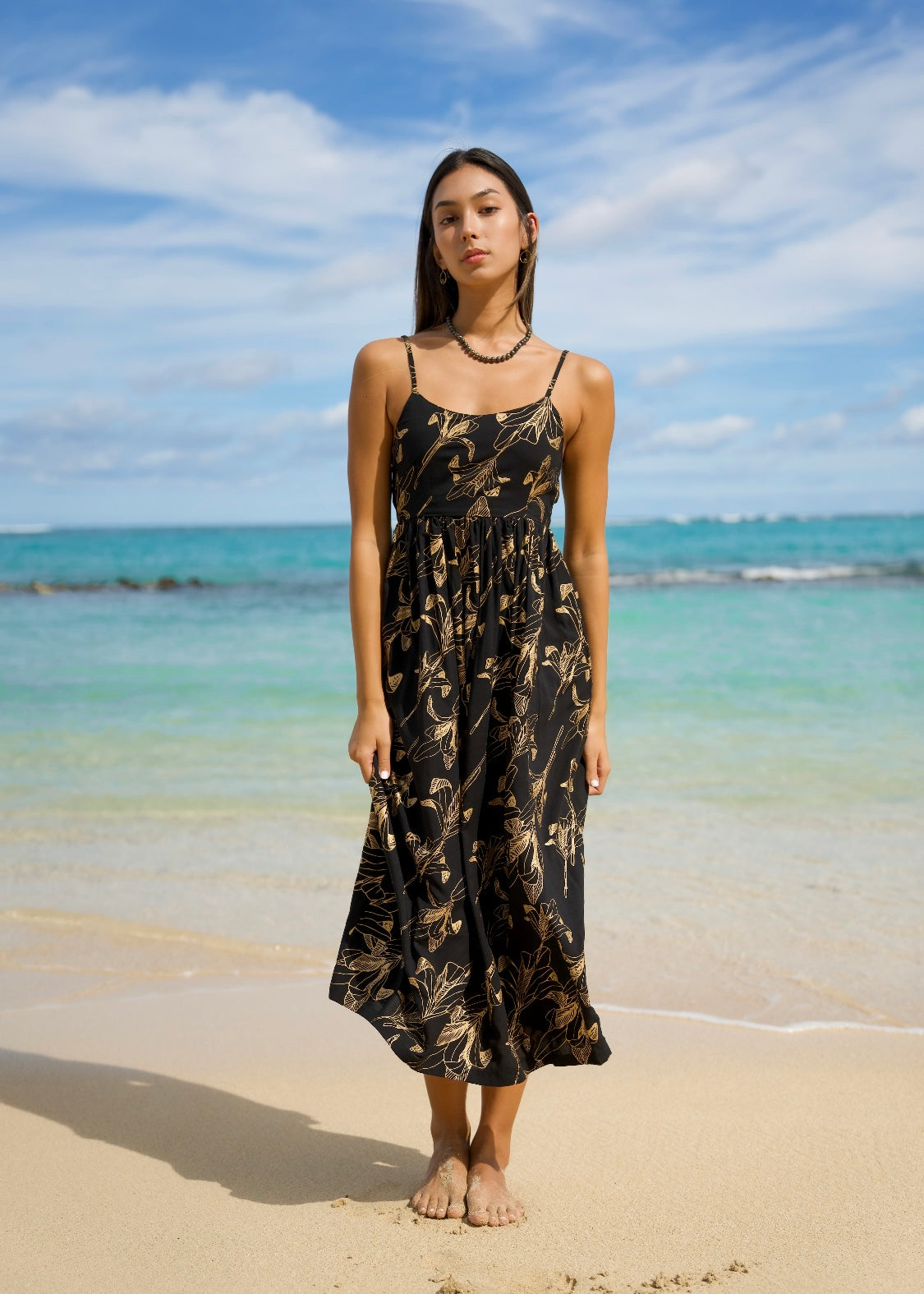 Women's Dress Kale’a in Gold Ti Leaf & Black - Front View | Kahulaleʻa