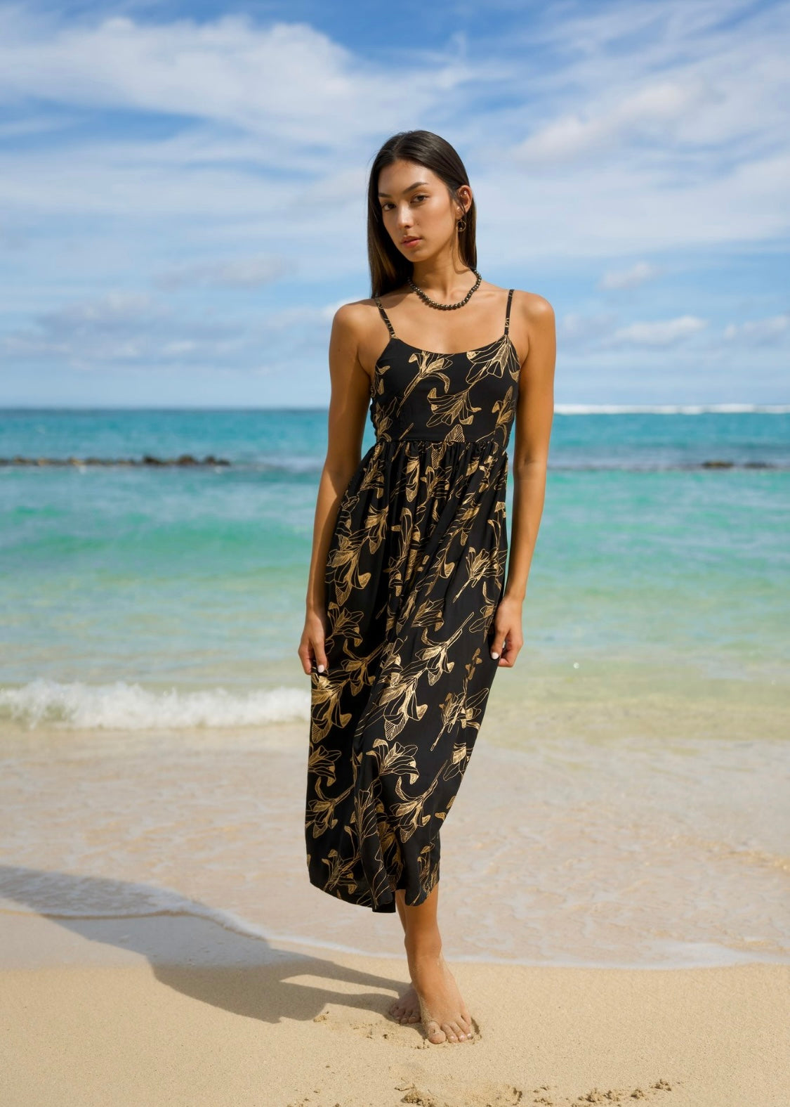 Women's Dress Kale’a in Gold Ti Leaf & Black - Front View | Kahulaleʻa