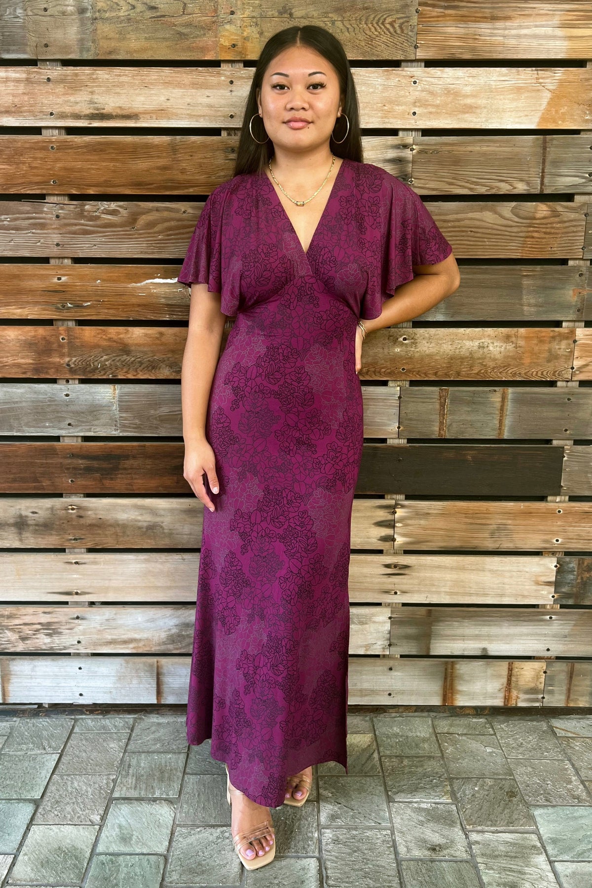 Women&#39;s Dress in Pualalea Violet Liko - Front View | Kahulaleʻa