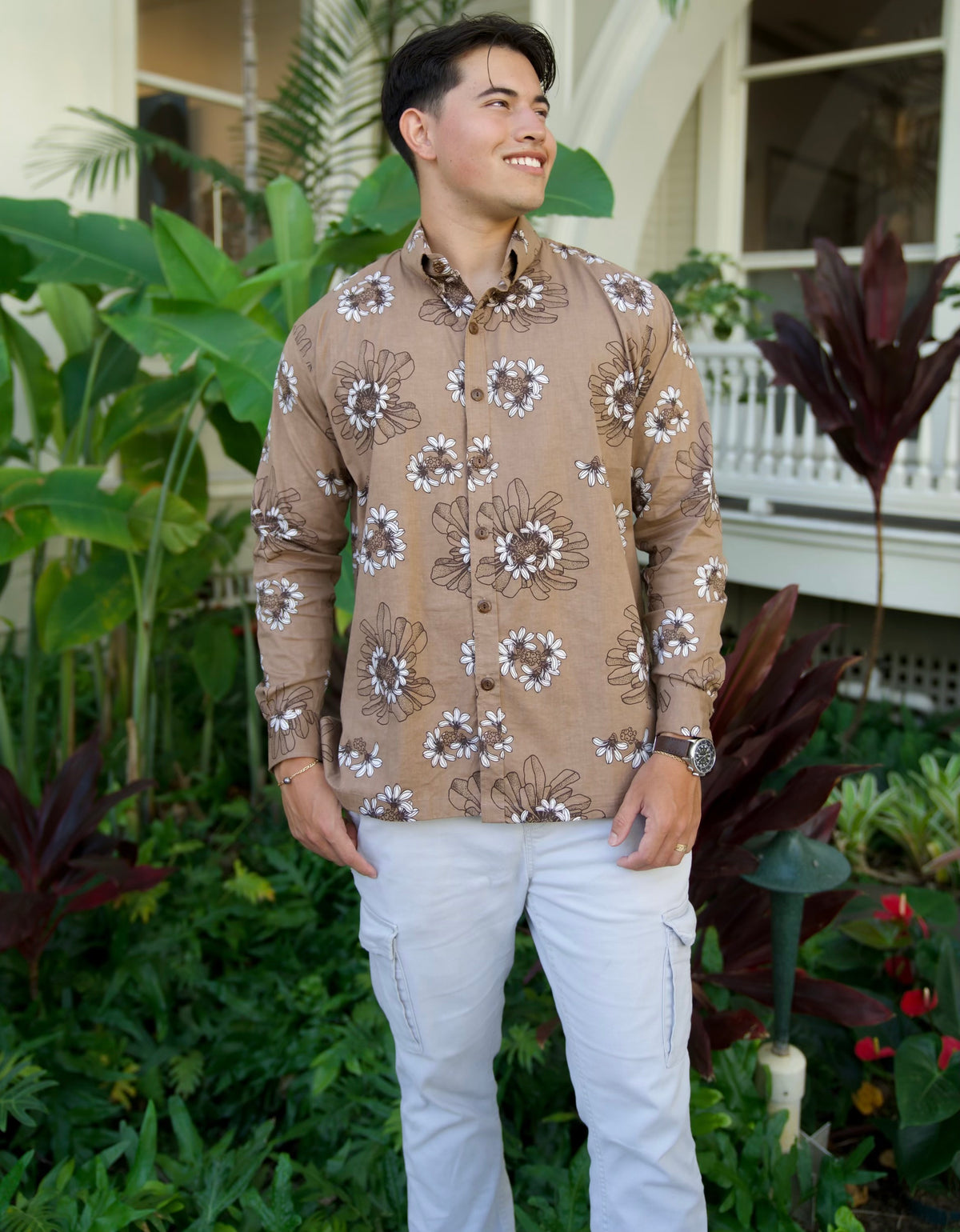 Men's Aloha Long Sleeve Shirt in Chocolate Naupaka - Front View | Kahulaleʻa
