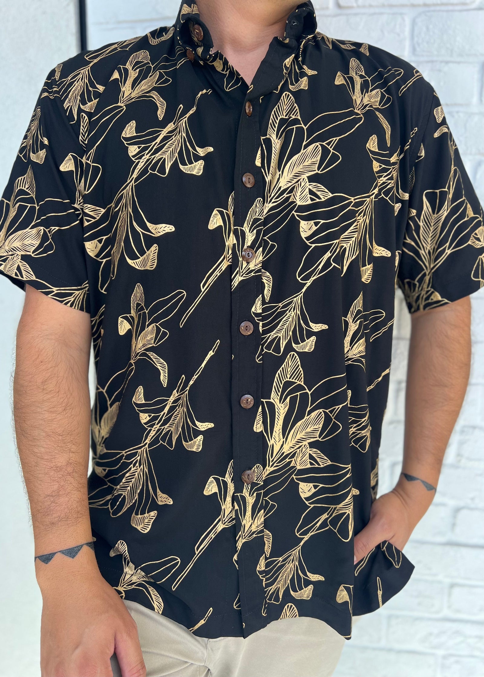 Mens Aloha Shirt Gold Ti Leaf