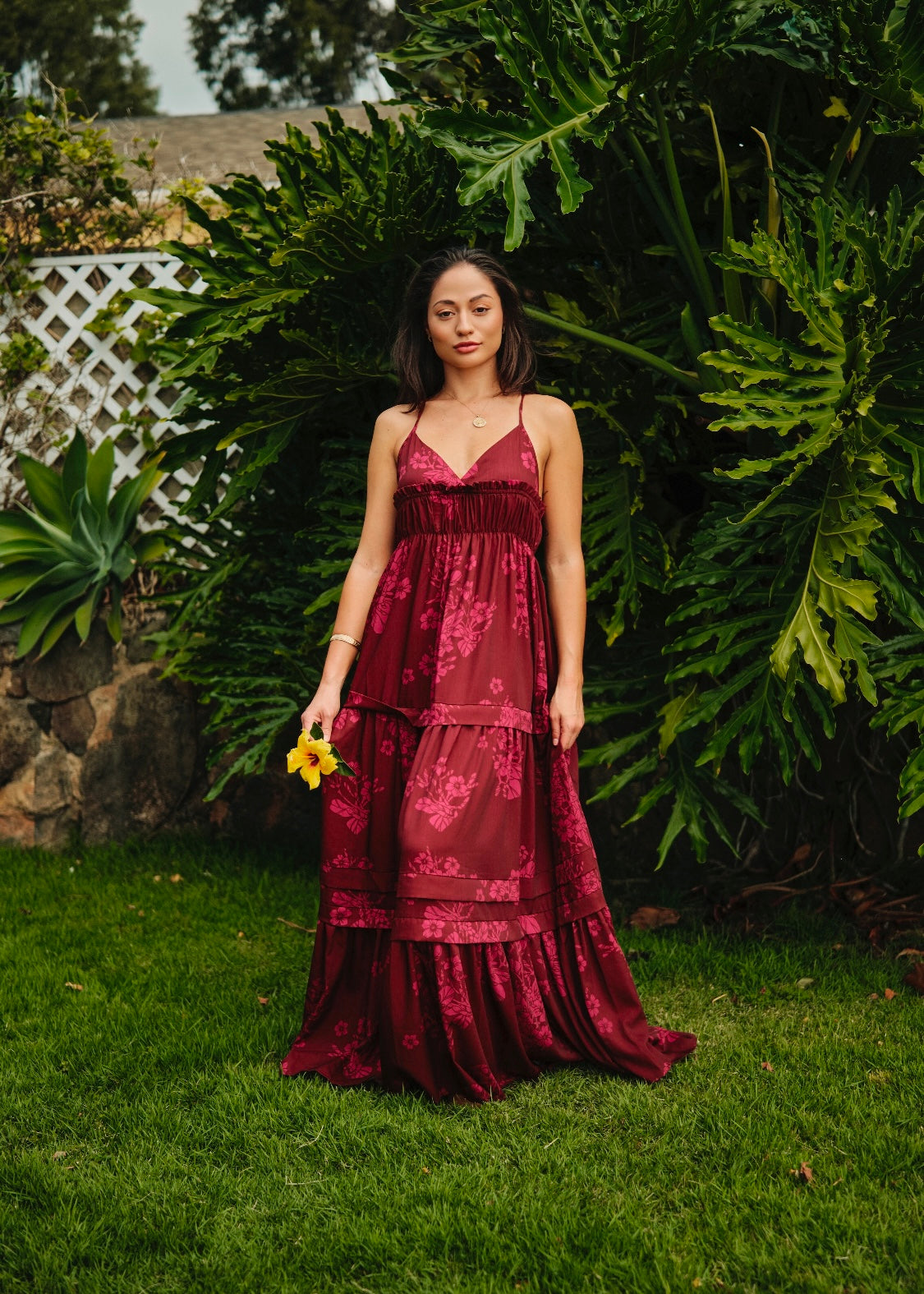 Women&#39;s Maxi Dress Noelle in Merlot Puakenikeni - Front View | Kahulaleʻa