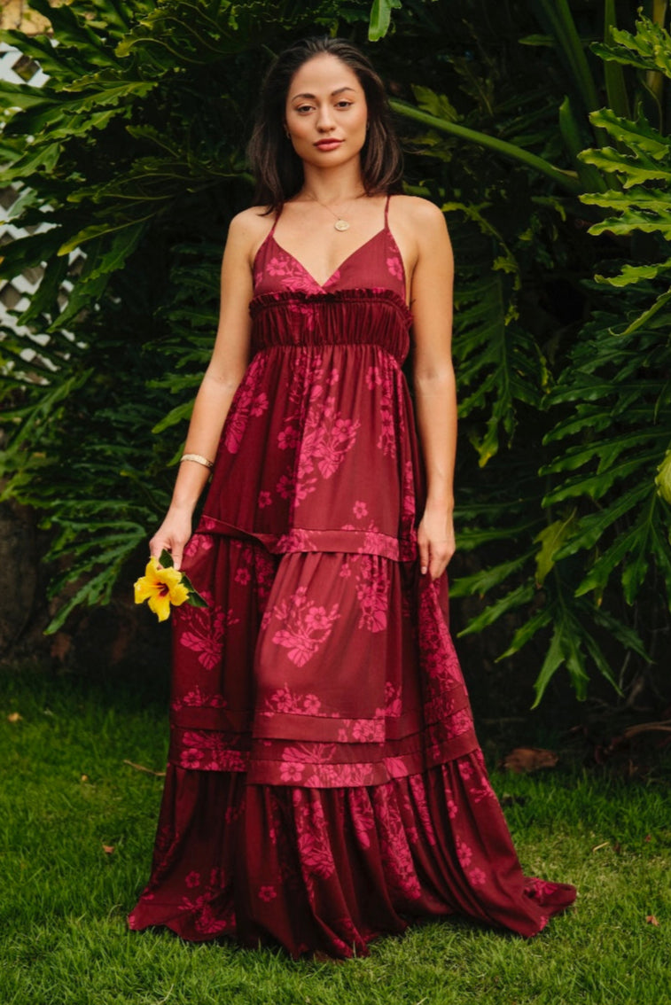 Women's Maxi Dress Noelle in Merlot Puakenikeni - Front View | Kahulaleʻa