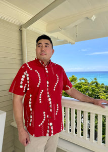 Mens Aloha Shirt Red Lei Loke