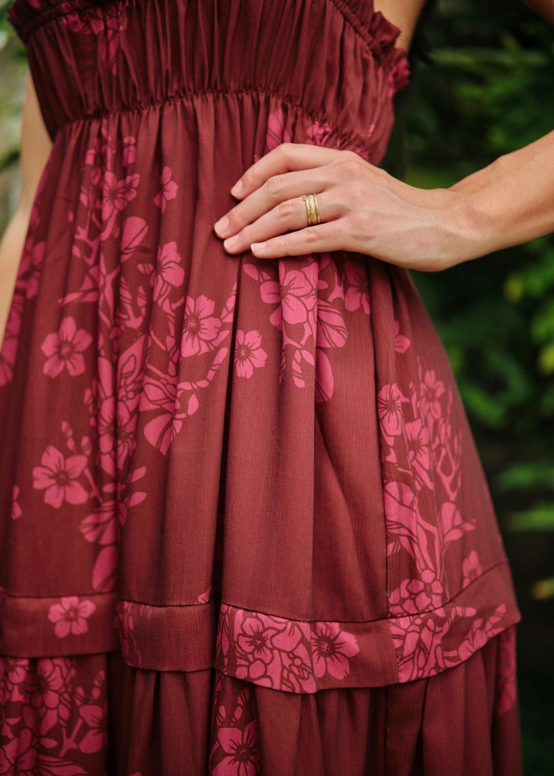 Women's Maxi Dress Noelle in Merlot Puakenikeni - Bottom Close Up | Kahulaleʻa