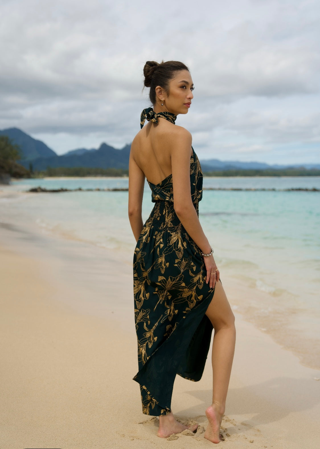 Women's High Neck Maxi Dress in Emerald Gold Ti Leaf - Front View | Kahulaleʻa