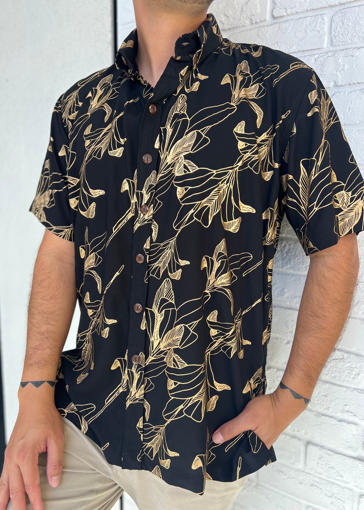 Mens Aloha Shirt Gold Ti Leaf