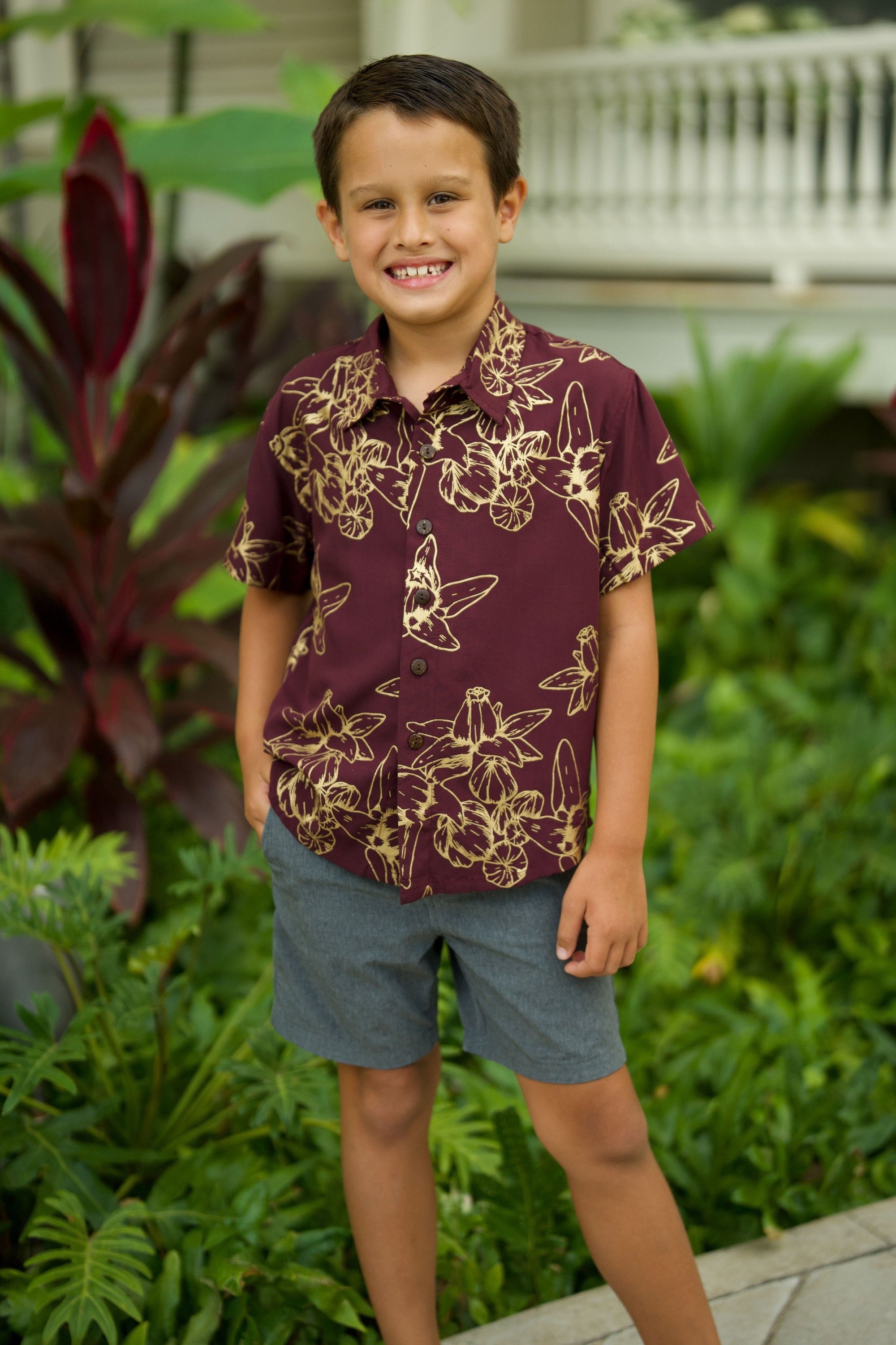 Boy's Aloha Shirt Amethyst Gold Pua Kalaunu