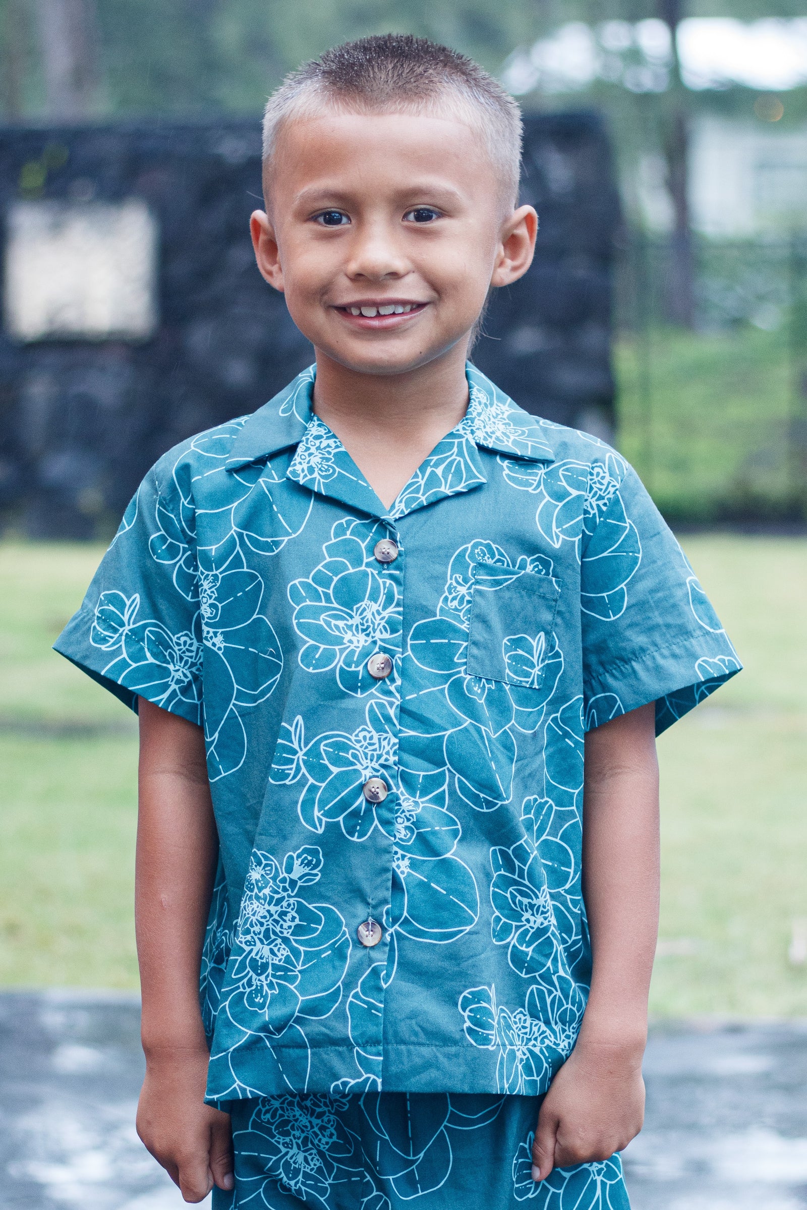 Boys Aloha Shirt in Azure Pōhinahina — Front View On-Model | Kahulaleʻa