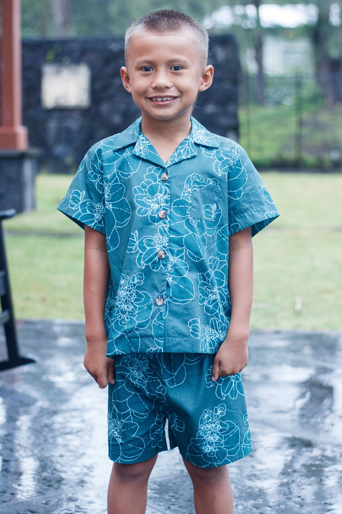 Boys Aloha Shorts in Azure Pōhinahina — Front View On-Model | Kahulaleʻa
