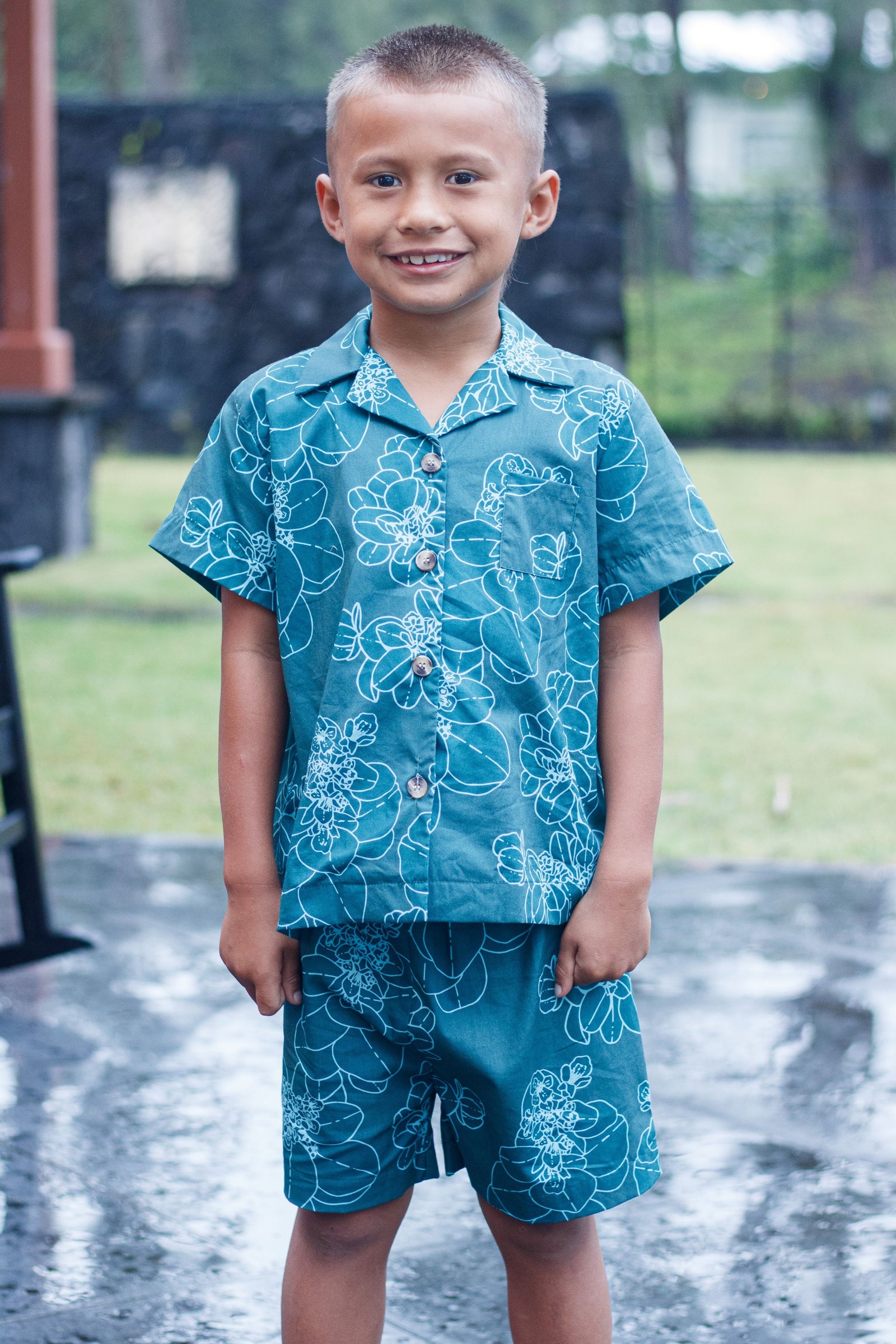 Boys Aloha Shorts in Azure Pōhinahina — Front View On-Model | Kahulaleʻa