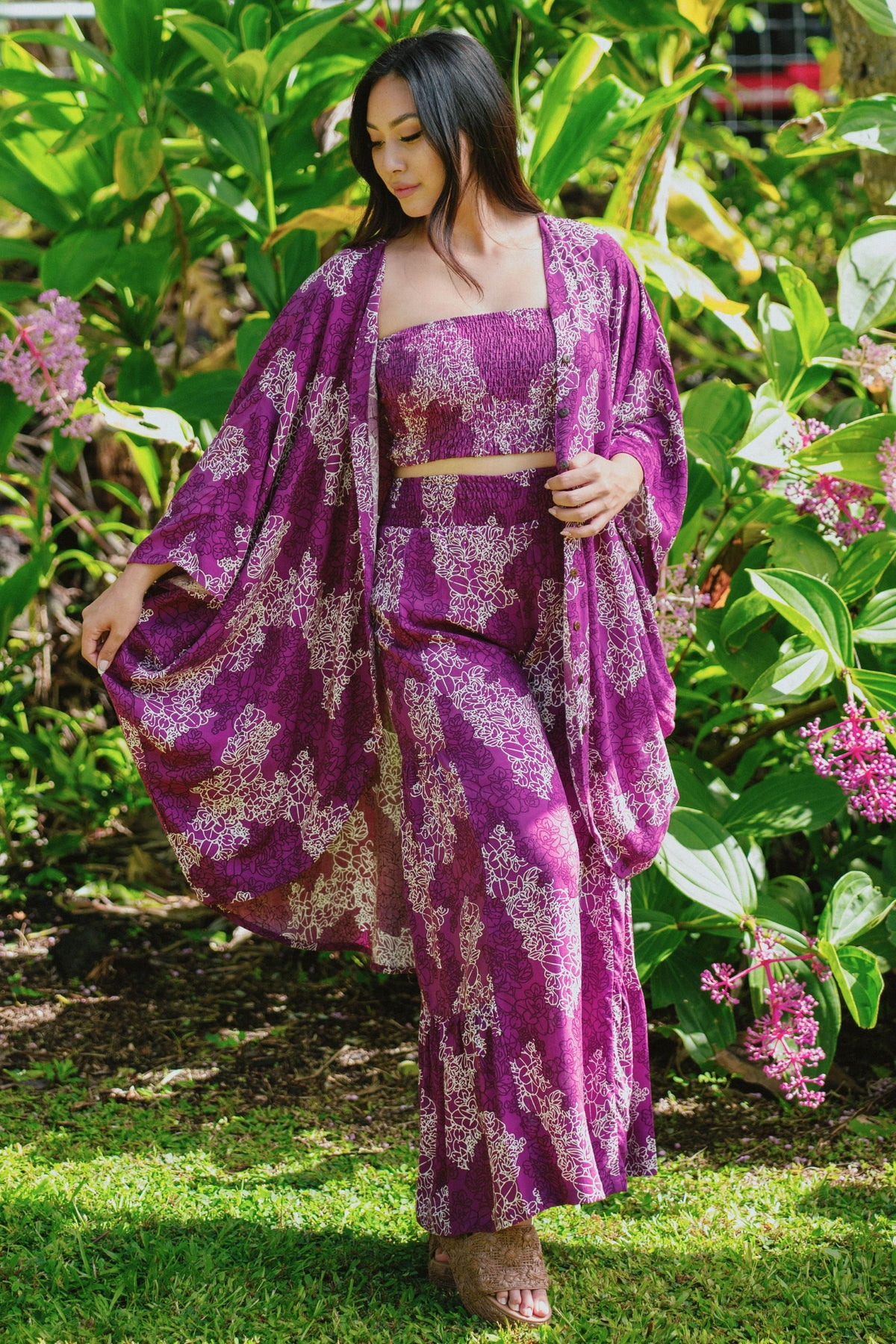 Caftan Kiani in Orchid Liko — Front View, worn open over the Smocked Bandeau Top Leila and Pants Kōkeʻe | Kahulaleʻa