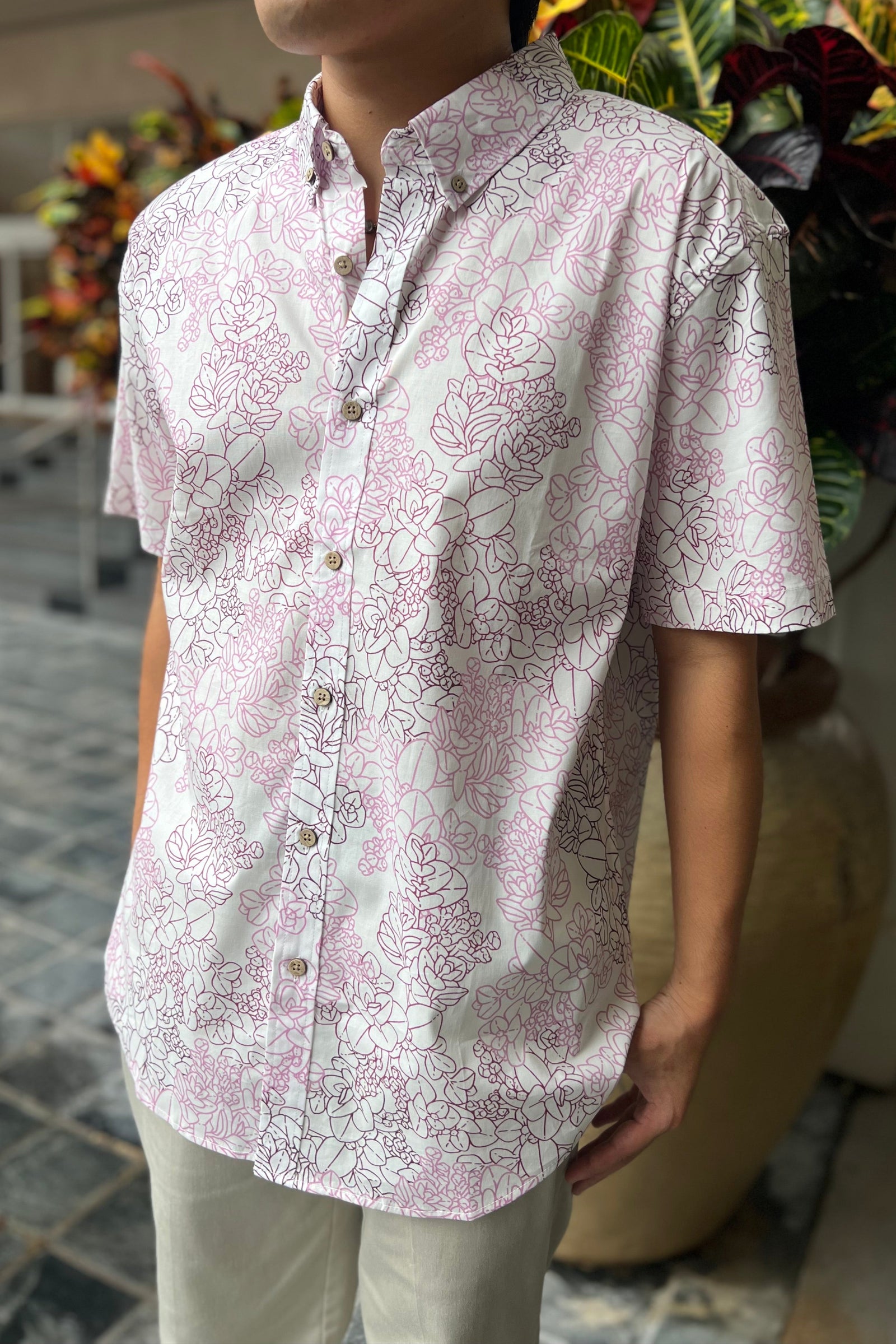 Men's Aloha Shirt in White & Pink Liko - Front View | Kahulaleʻa