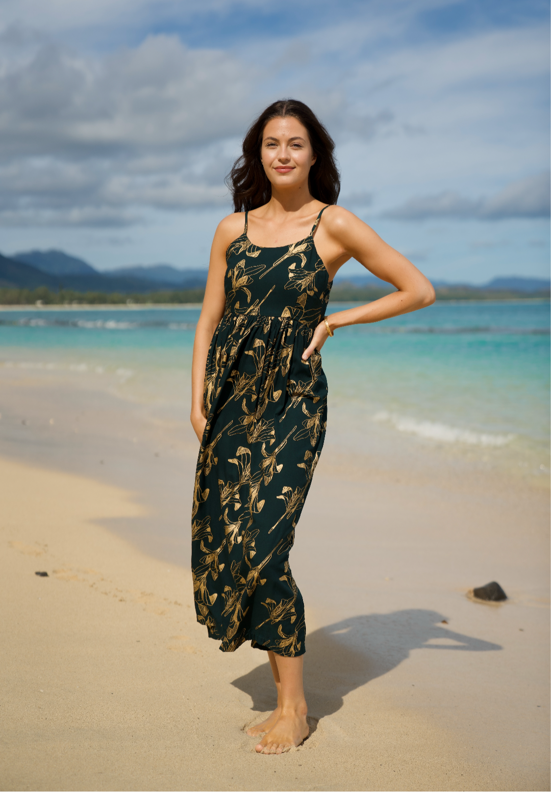 Women's Dress Kale’a in Gold Ti Leaf & Emerald - Front View | Kahulaleʻa