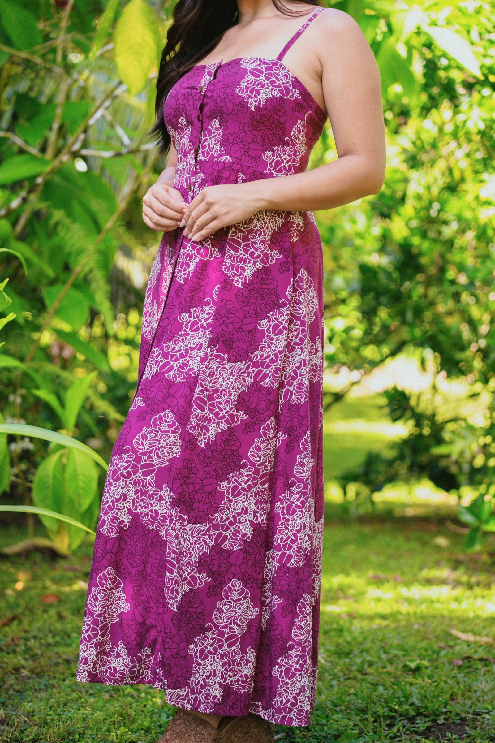 Dress Haliʻa in Orchid Liko — Detail, buttons through the skirt | Kahulaleʻa