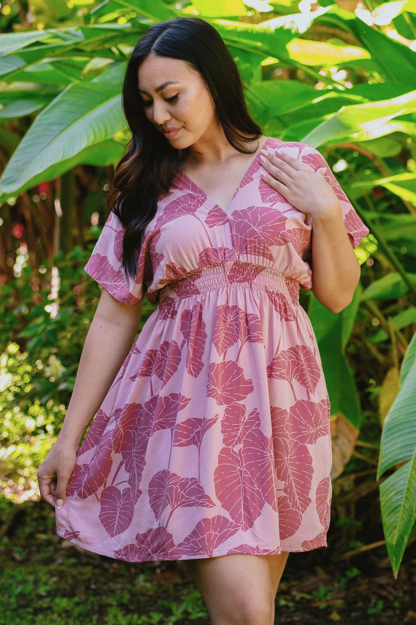 Dress Haukea Shortie in Rose Quartz Kalo — Front View, closer crop | Kahulaleʻa