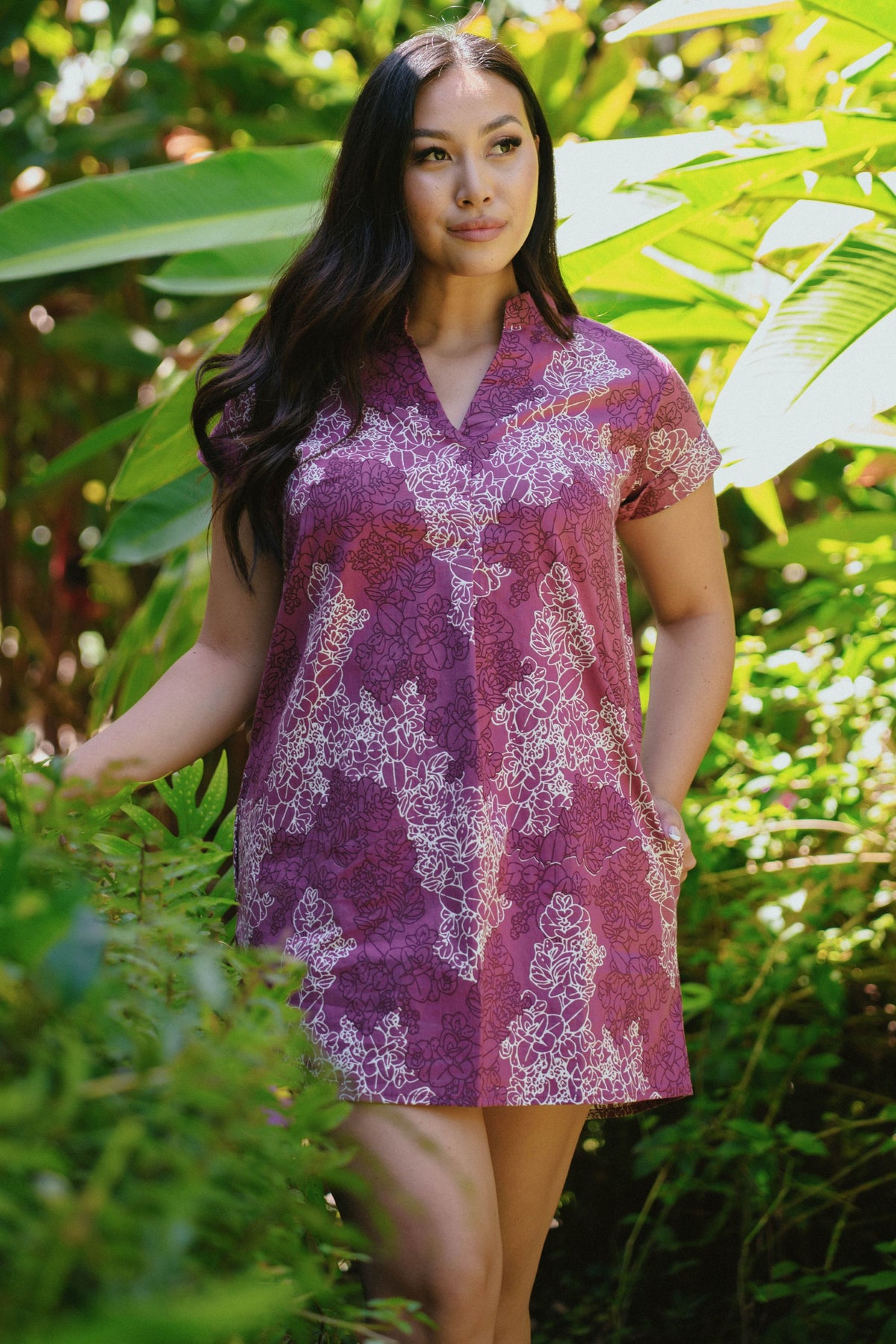 Dress Hiʻilei in Orchid Liko — Front View, hands in pockets | Kahulaleʻa