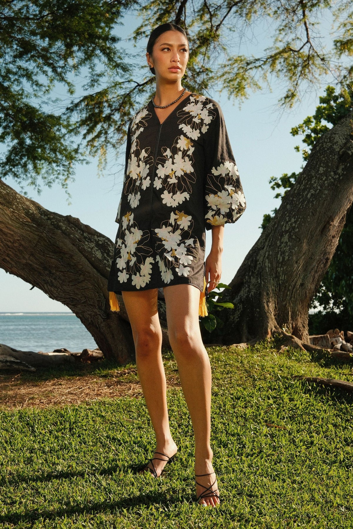 Dress Hoʻonanea Black Gold Embroidered Naupaka