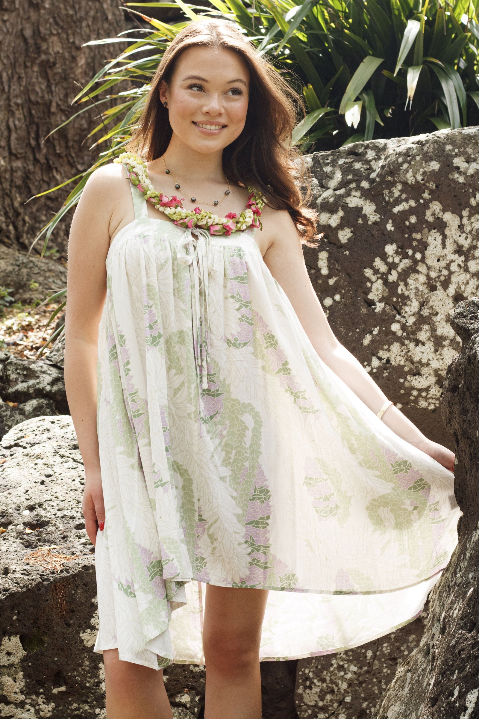 Dress Huakaʻi in White Lei Kahōkū — On-Model | Kahulaleʻa