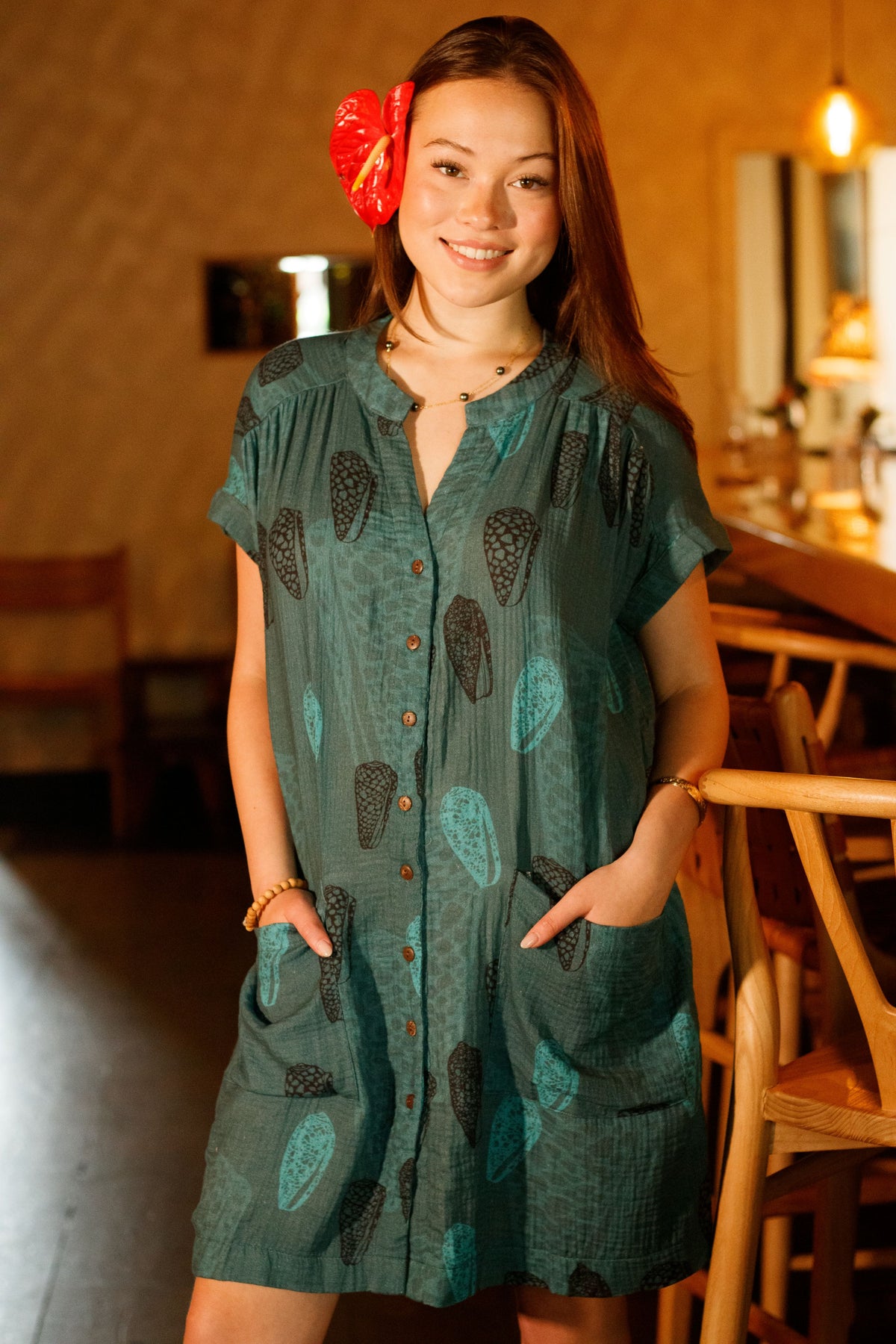 Dress Kailani in Lagoon Pūpū — Close-Up, patch pockets | Kahulaleʻa