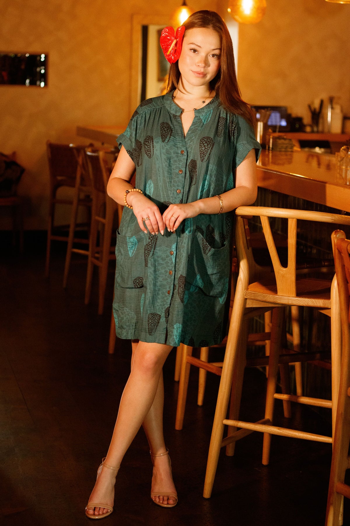 Dress Kailani in Lagoon Pūpū — Front View, cap sleeve detail | Kahulaleʻa