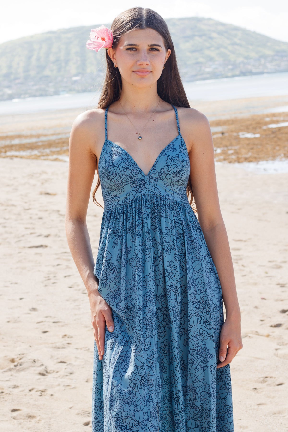 Dress Kalaheo in Steel Blue Liko — Front View On-Model