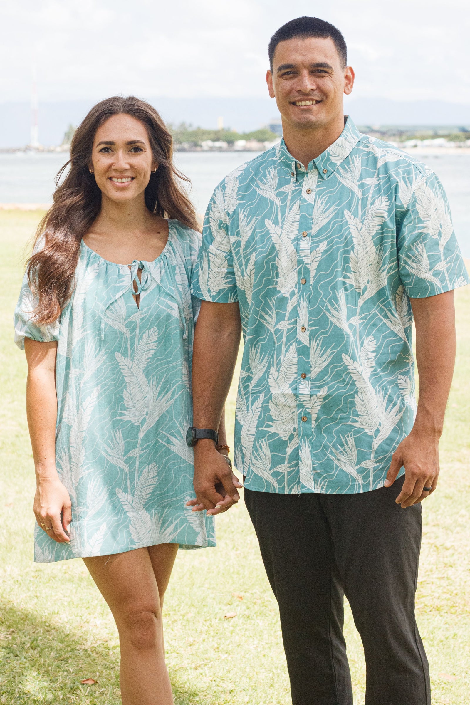 Dress Koko in Sky Pua Manu — Front View, worn with the Men's Aloha Shirt | Kahulaleʻa