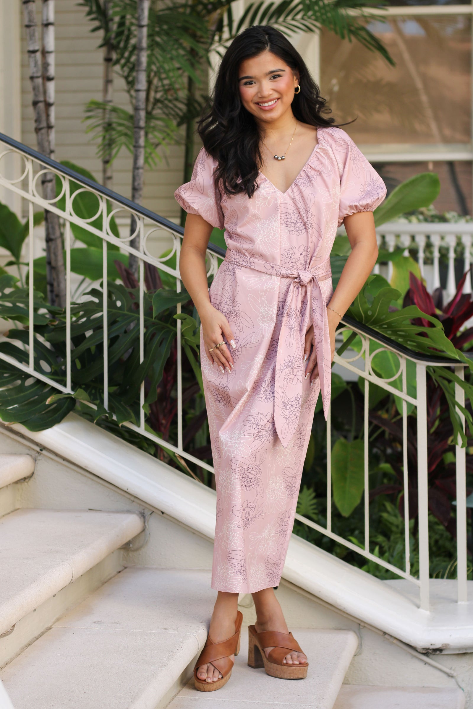 pink hawaiian print dress vintage 1960s floral sun {s-m} Trunk of Dresses Hibiscus Flowers Hawaiian Aloha Luau Party Design Pink Floral Long Ruffled Muumuu