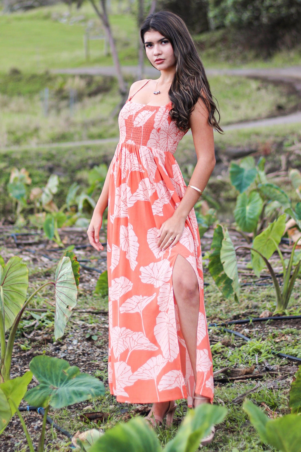 Dress Leihaʻa Smocked Maxi Tangerine Lauloa Ke‘oke‘o Kalo