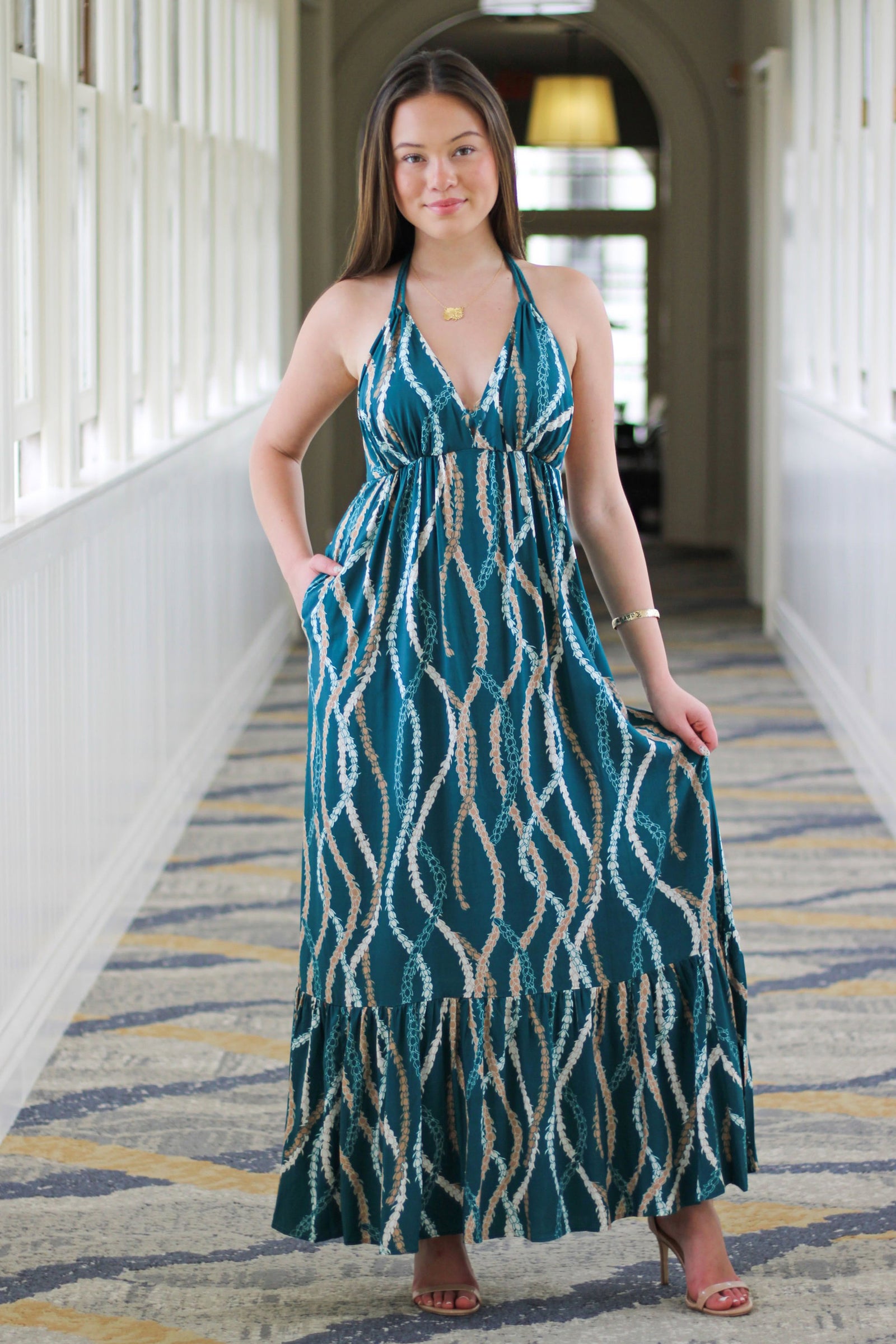 Women's Malia Maxi Dress - Teal Lei Ho'omaika'i - Front View | Kahulaleʻa