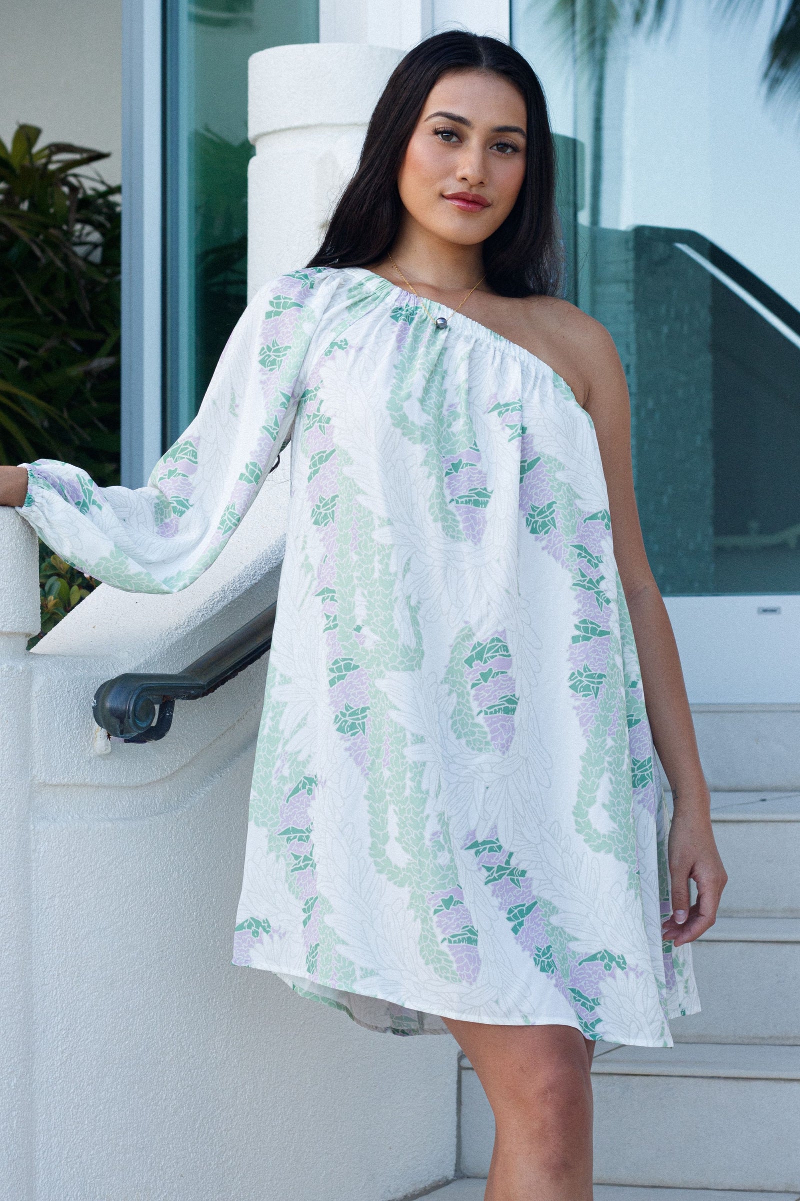 Dress Malie in White Lei Kahōkū — Front View, worn loose | Kahulaleʻa