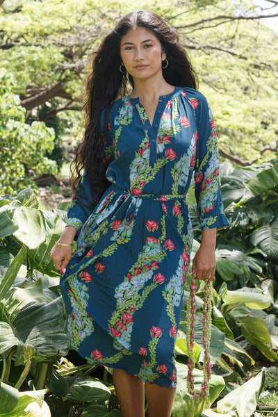 Naniloa Belted Midi Dress, Blue Lei Kaʻiʻini | Kahulaleʻa