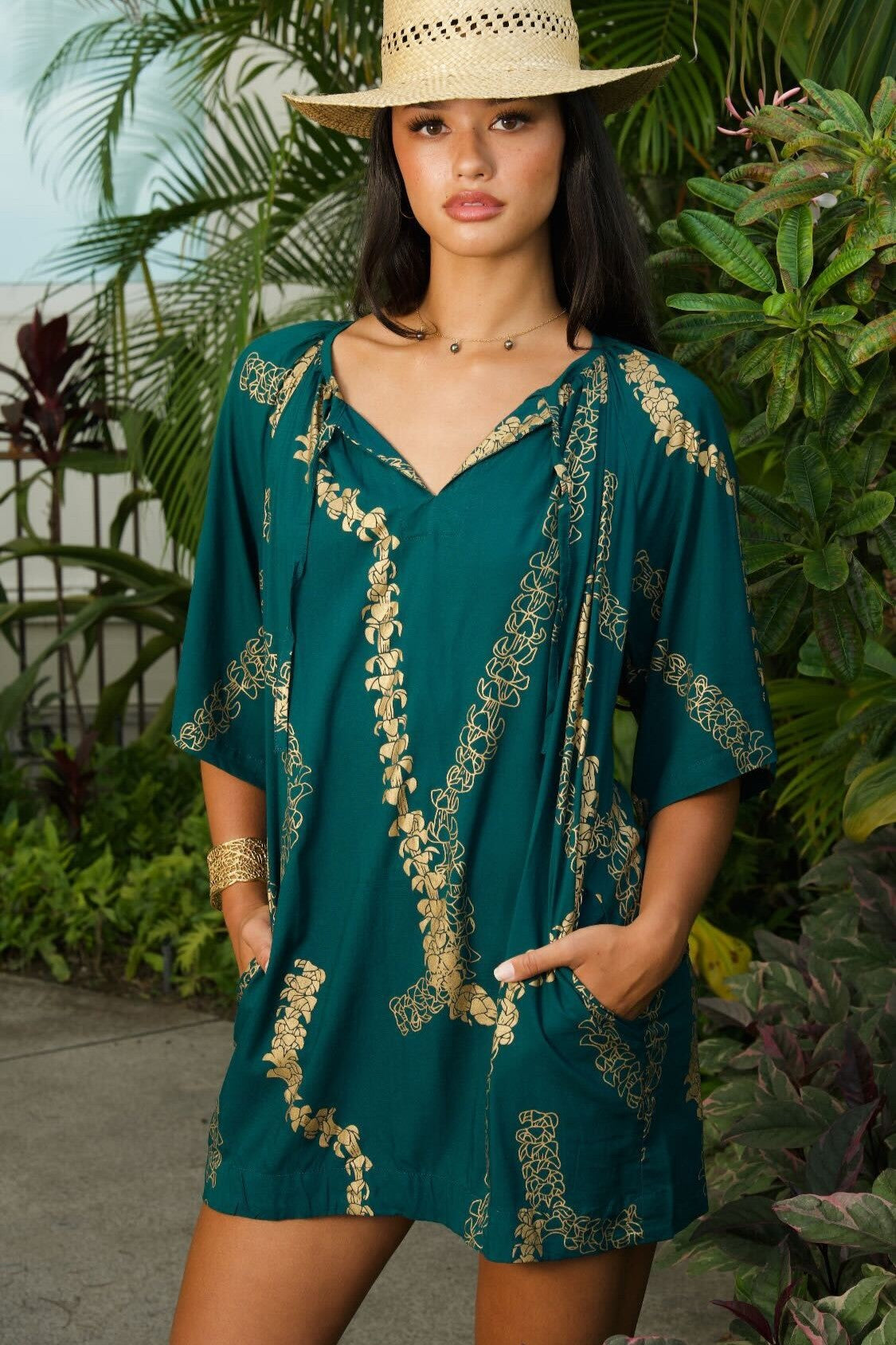 Dress Pilina Teal Gold Lei Puakenikeni