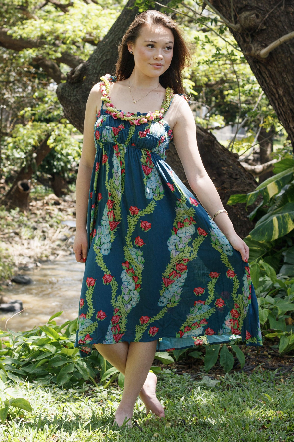 Dress Wainui in Blue Lei Kaʻiʻini — Front View, skirt held out | Kahulaleʻa