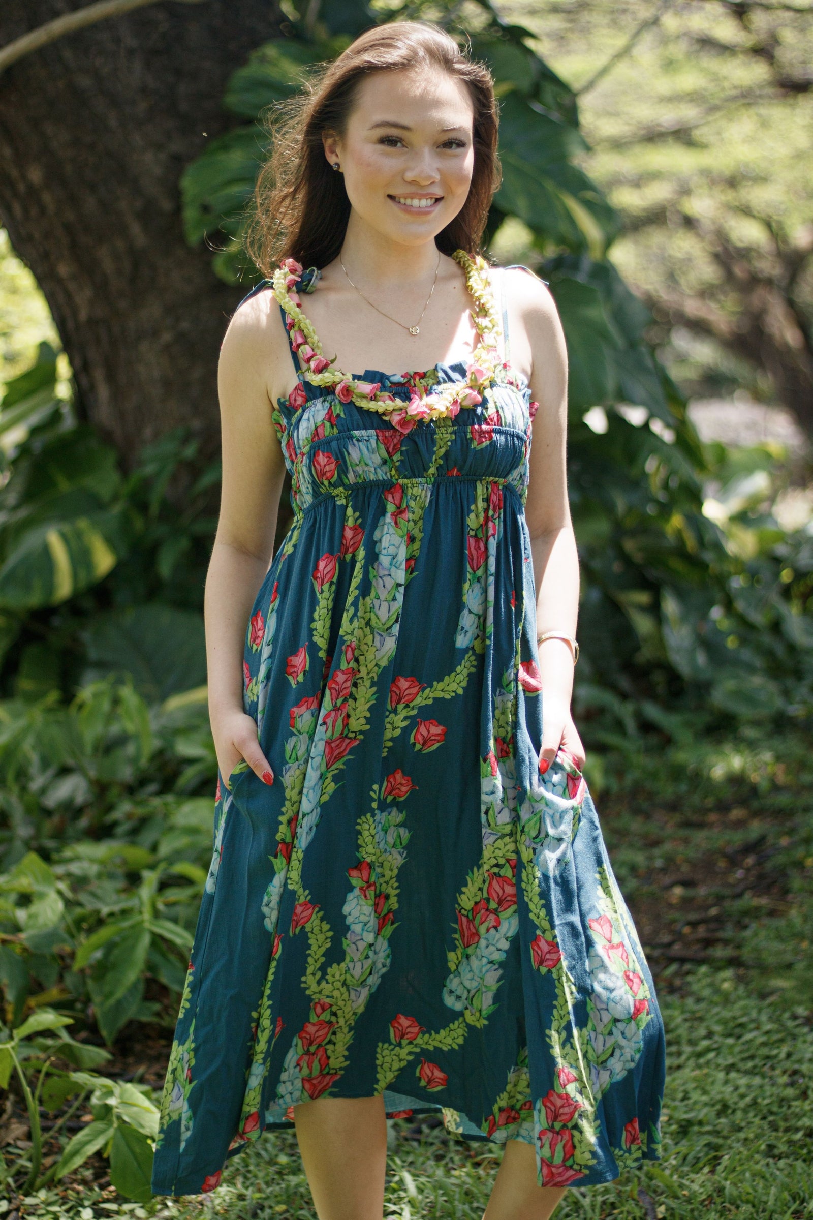 Dress Wainui in Blue Lei Kaʻiʻini — Front View, smocking detail | Kahulaleʻa