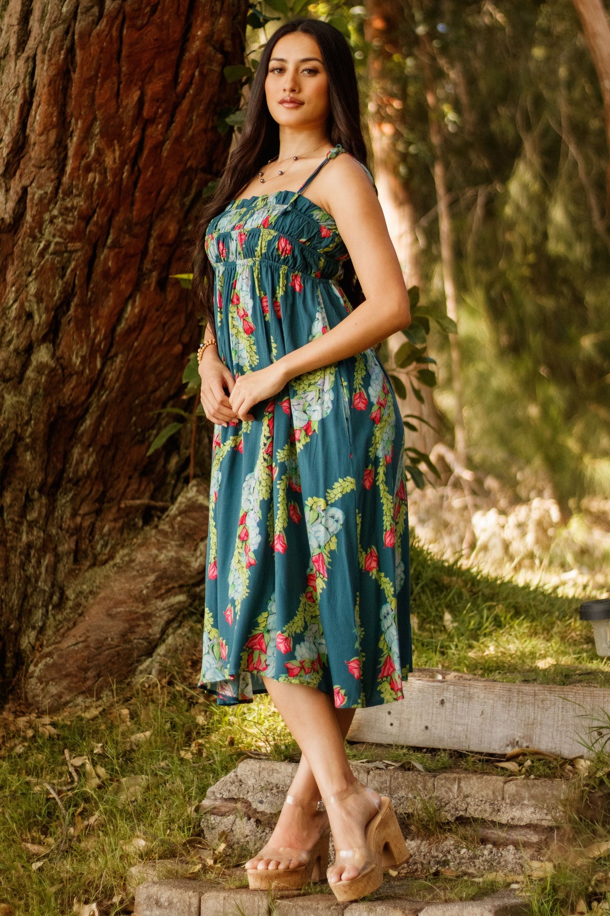 Dress Wainui in Blue Lei Kaʻiʻini — Three-Quarter View | Kahulaleʻa