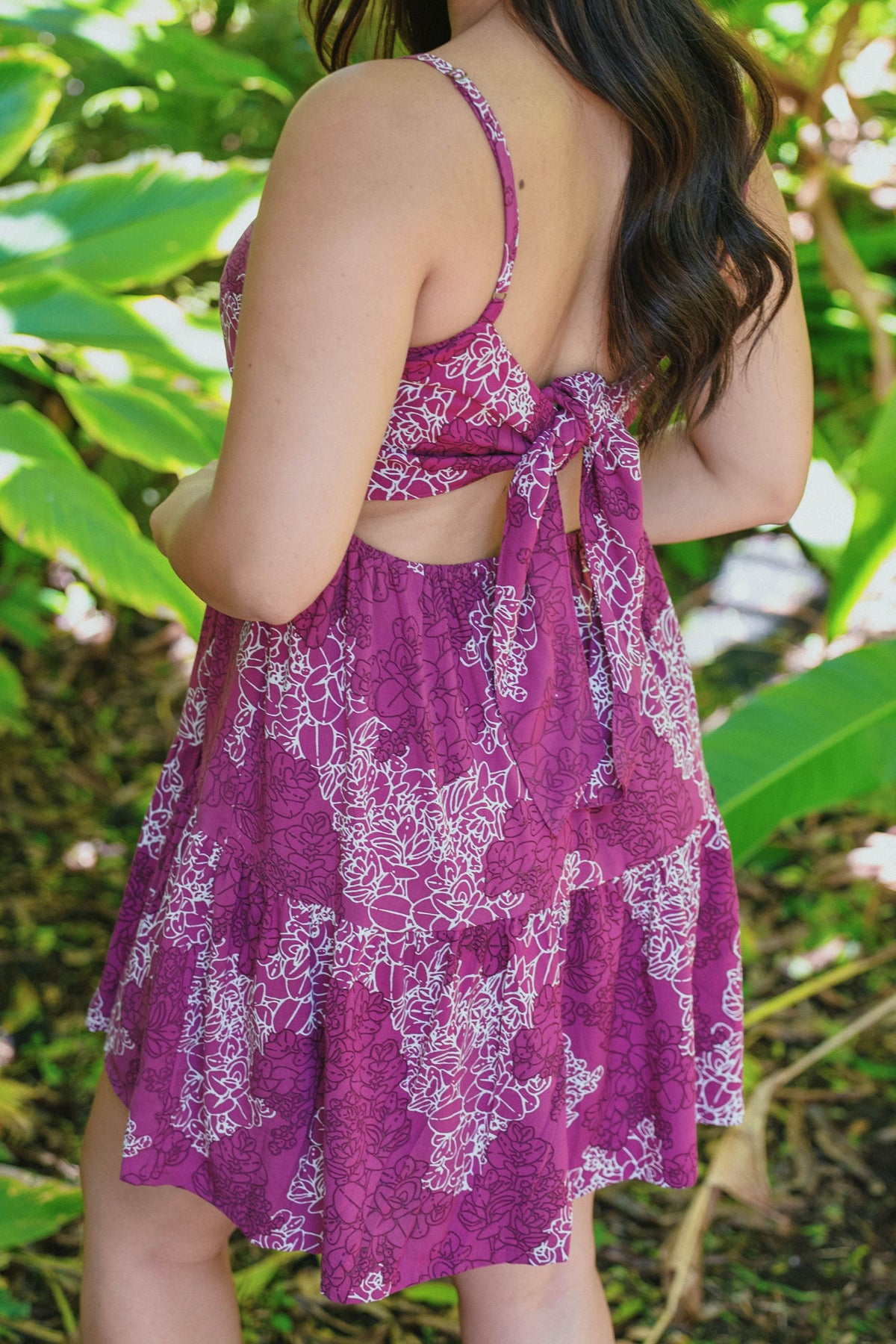 Dress ʻElua in Orchid Liko — Back View, tie sash detail | Kahulaleʻa
