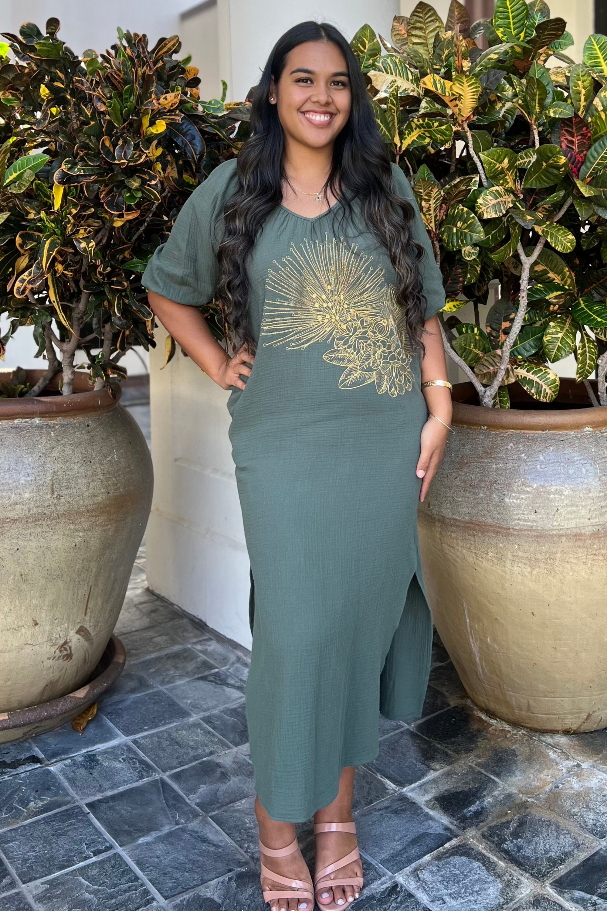Dress Mānoa Moss Gold Embroidered Lehua