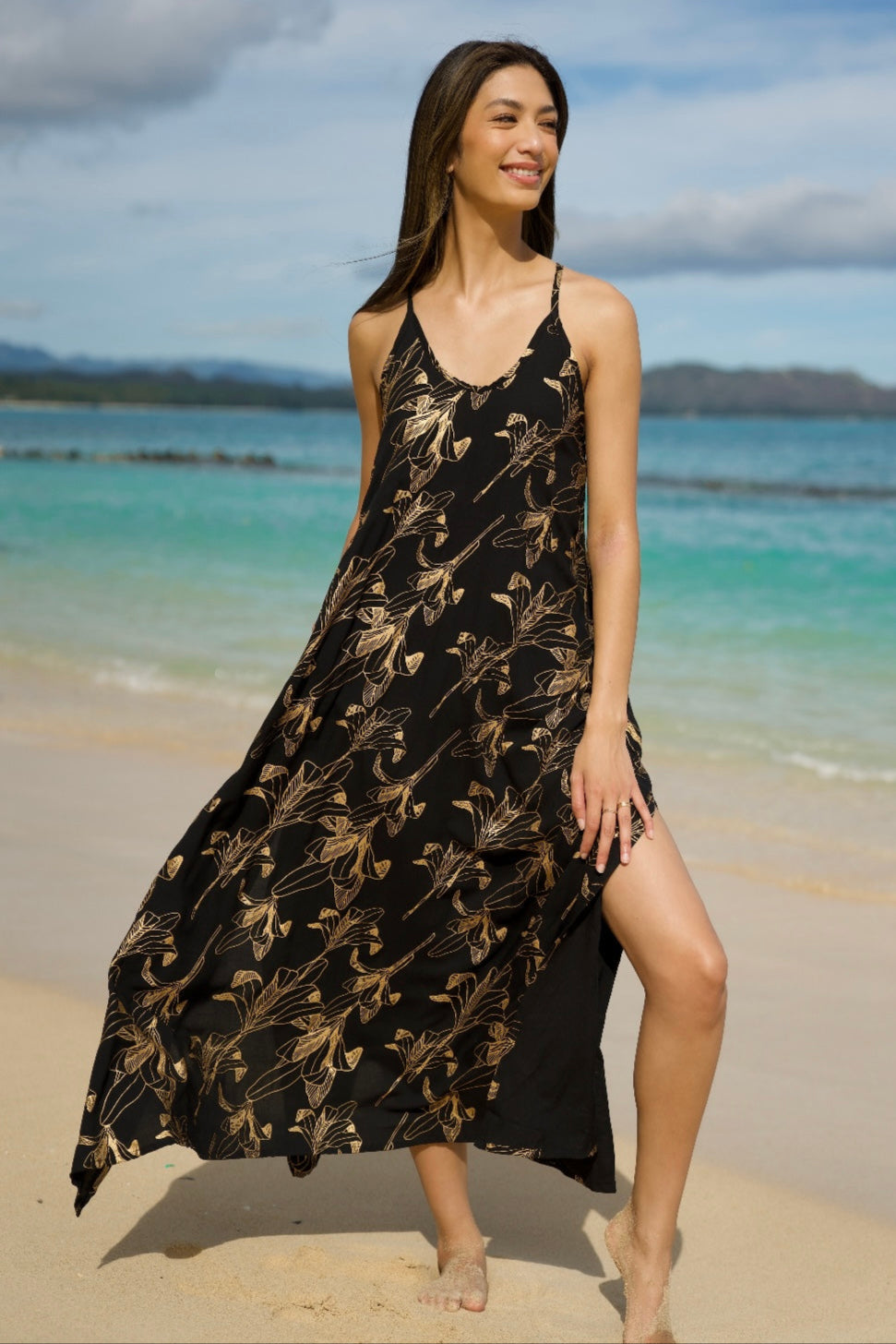 Women's Kuuipo Maxi Dress in Gold Ti Leaf & Black - Front View | Kahulaleʻa