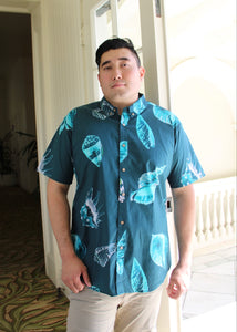 Men’s Aloha Shirt Teal Hawaiian Seashell