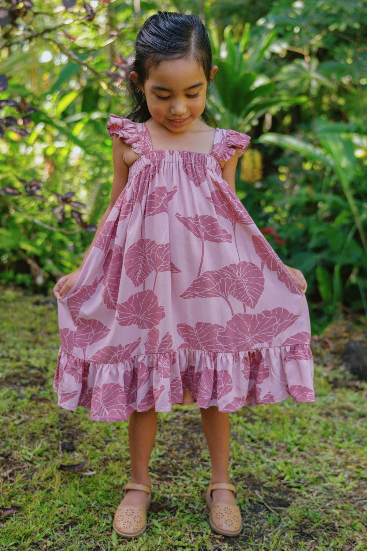 Girl's Dress in Rose Quartz Kalo — Front View | Kahulaleʻa