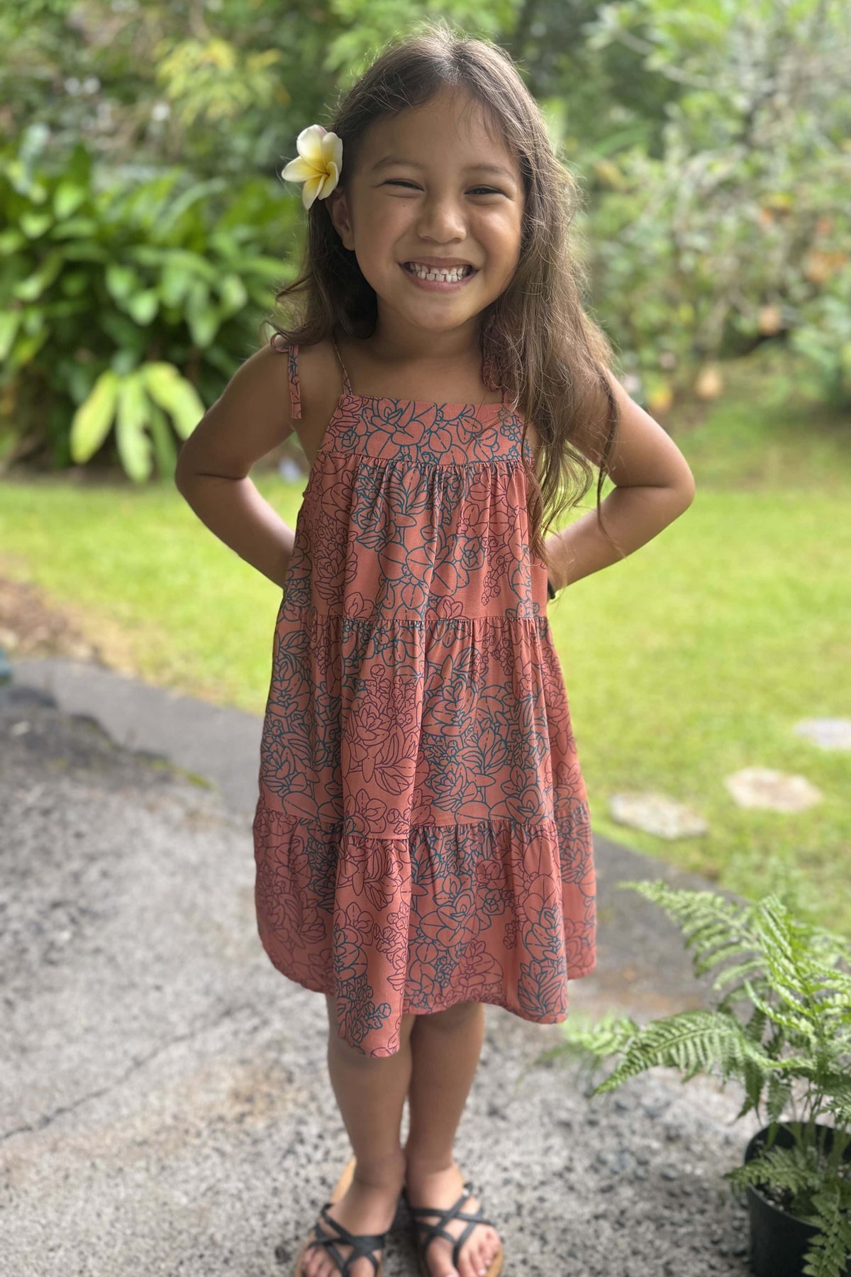 Girl's Tie Top Dress in Coral Tide Liko — Front View, full length | Kahulaleʻa