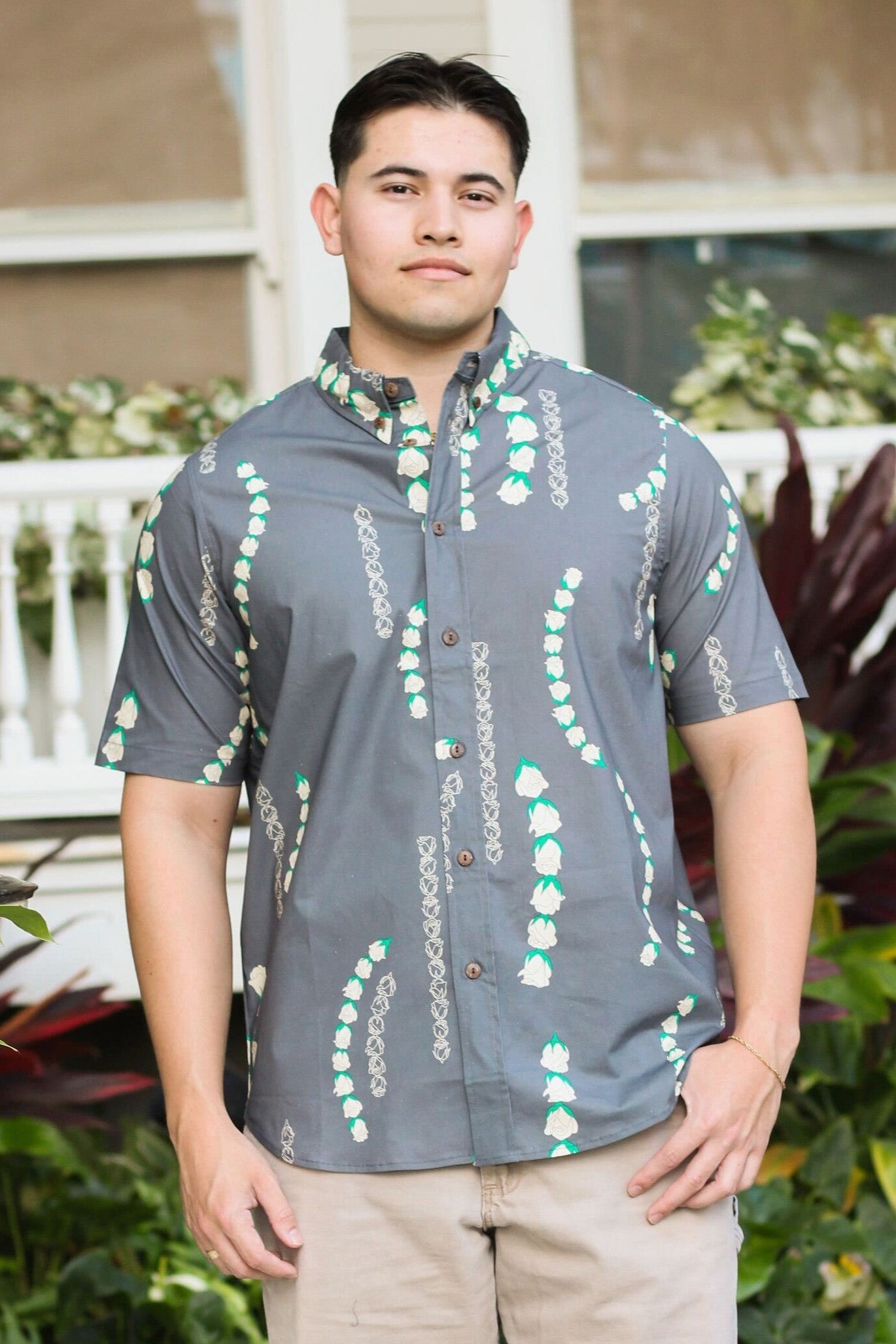 Men's Aloha Shirt Taupe Lei Loke