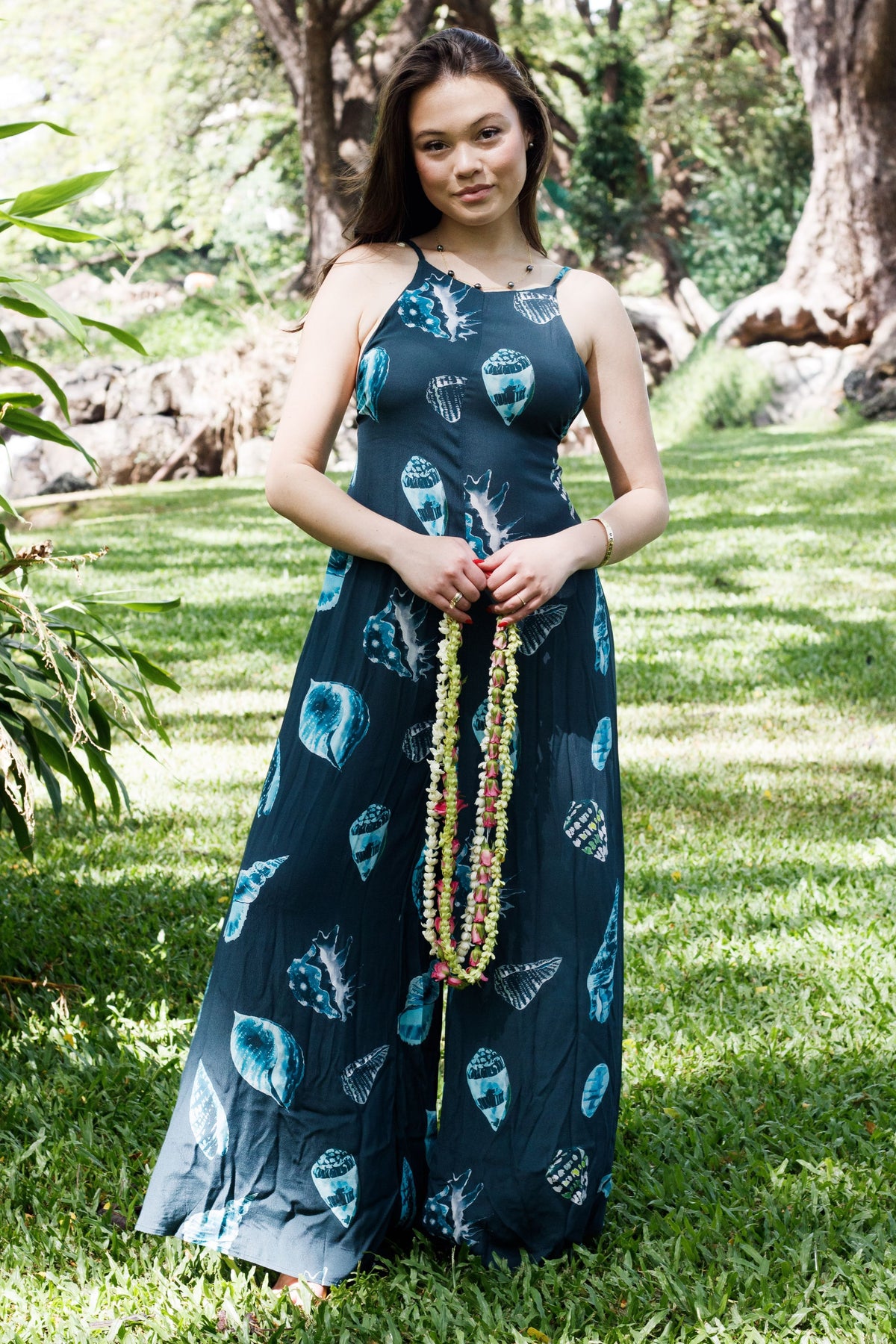 Jumpsuit Kaihōkū in Teal Hawaiian Seashell — Front View | Kahulaleʻa