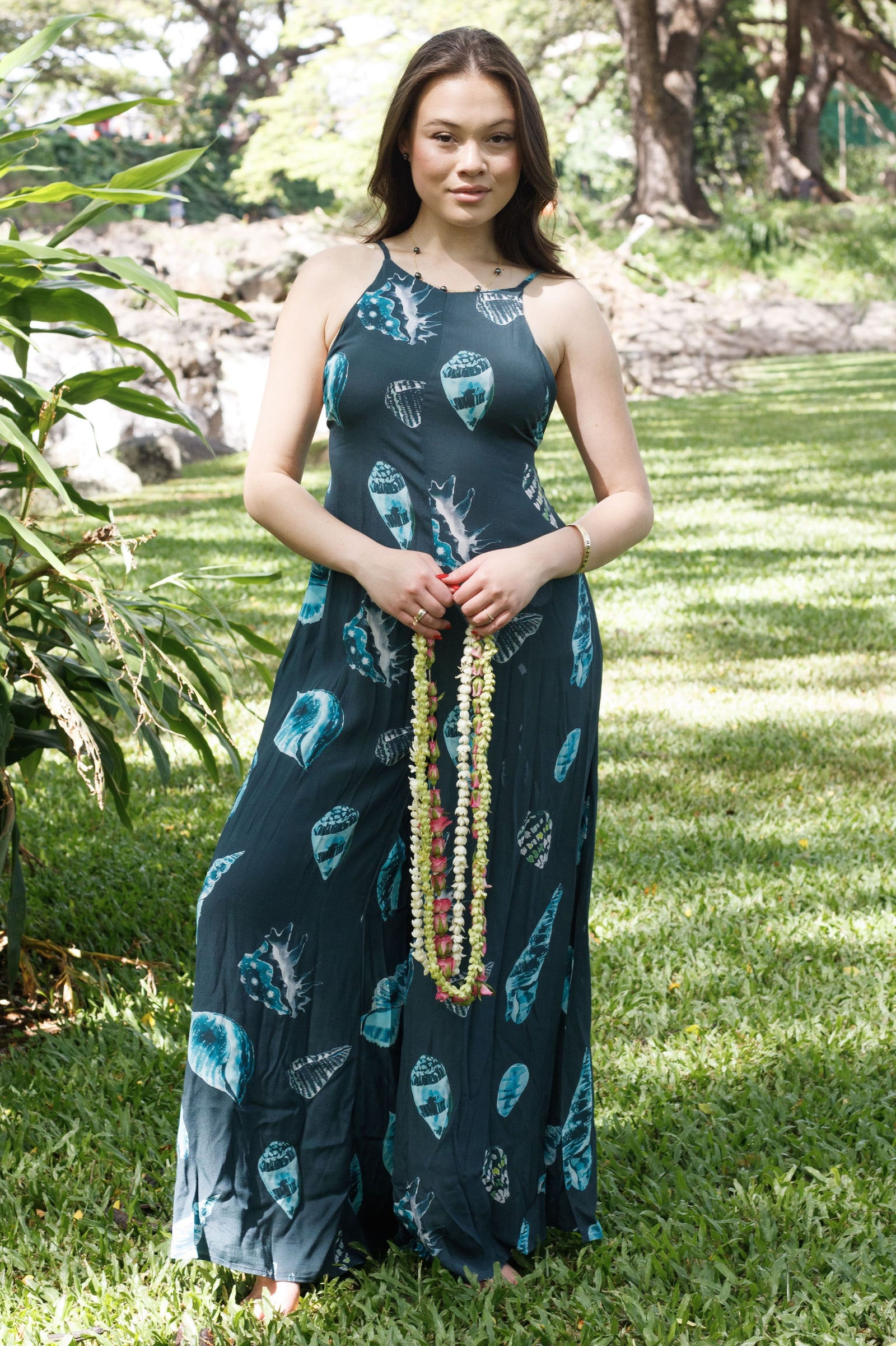 Jumpsuit Kaihōkū in Teal Hawaiian Seashell — On-Model | Kahulaleʻa