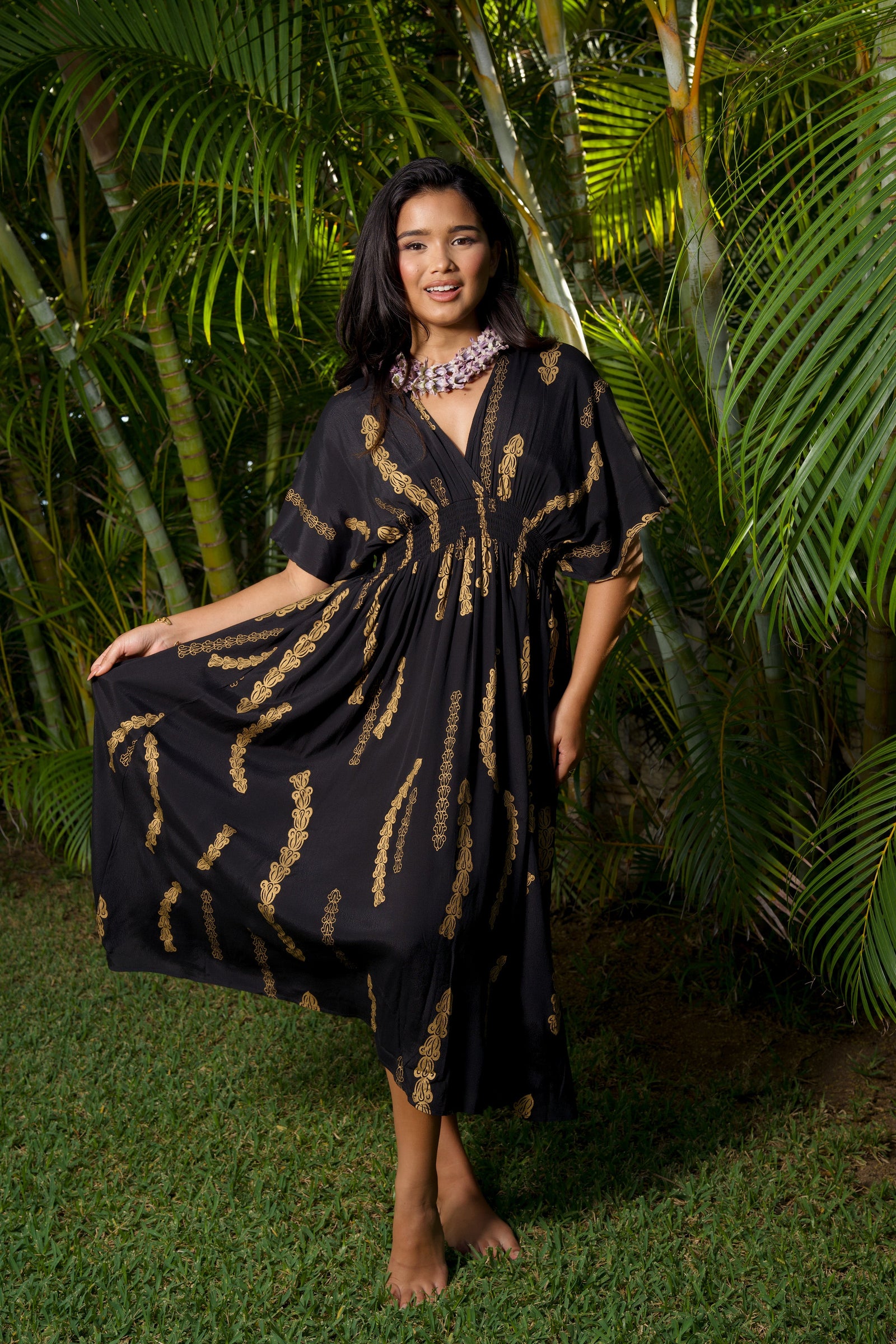 Dress Kamaile Black Gold Lei Pua Kalaunu
